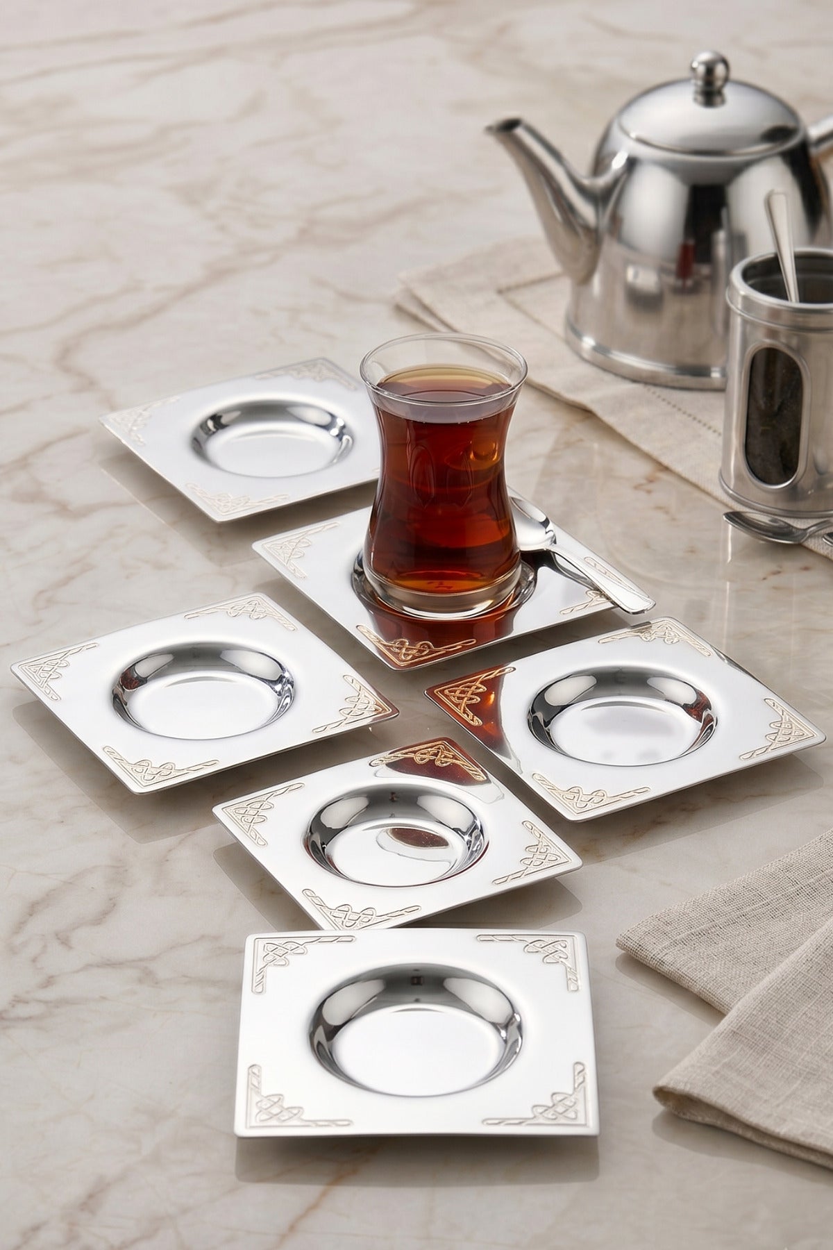 6'lı Hürrem Çay Tabağı - 18/10 Paslanmaz Çelik 6 Kişilik - Gümüş
