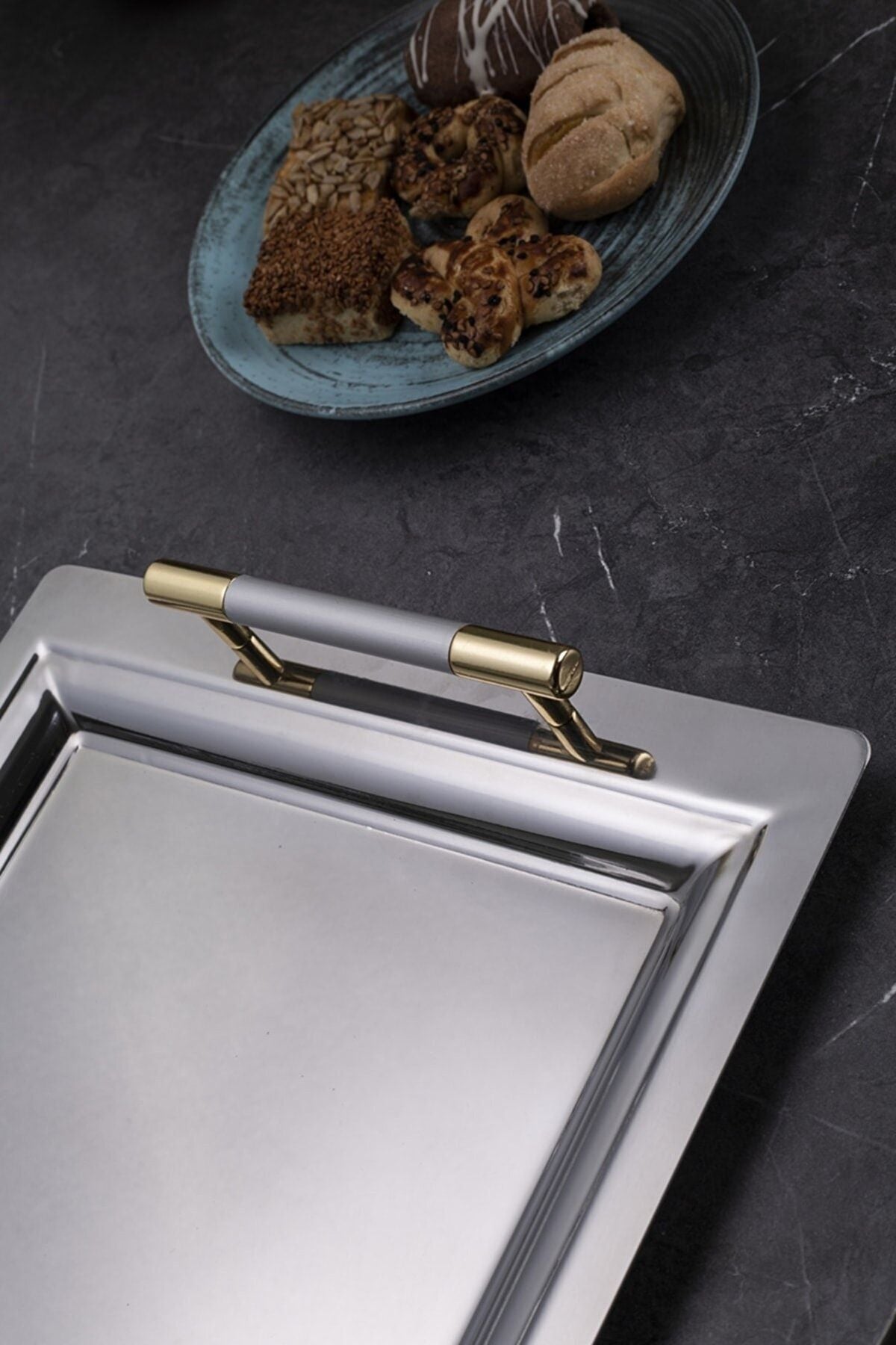 Mercan Silver Gold Sunumluk Servis Kahve Ve Çay Tepsisi Ikram Tepsisi - Gümüş