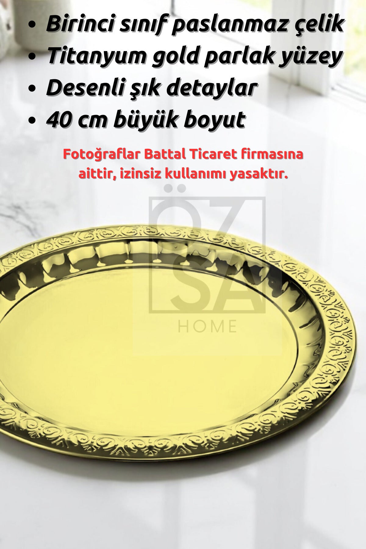 2 Adet Paslanmaz Çelik Desenli Gold Yuvarlak Çay Tepsi Kahve Servis Sunum Tepsi 40cm - Gold