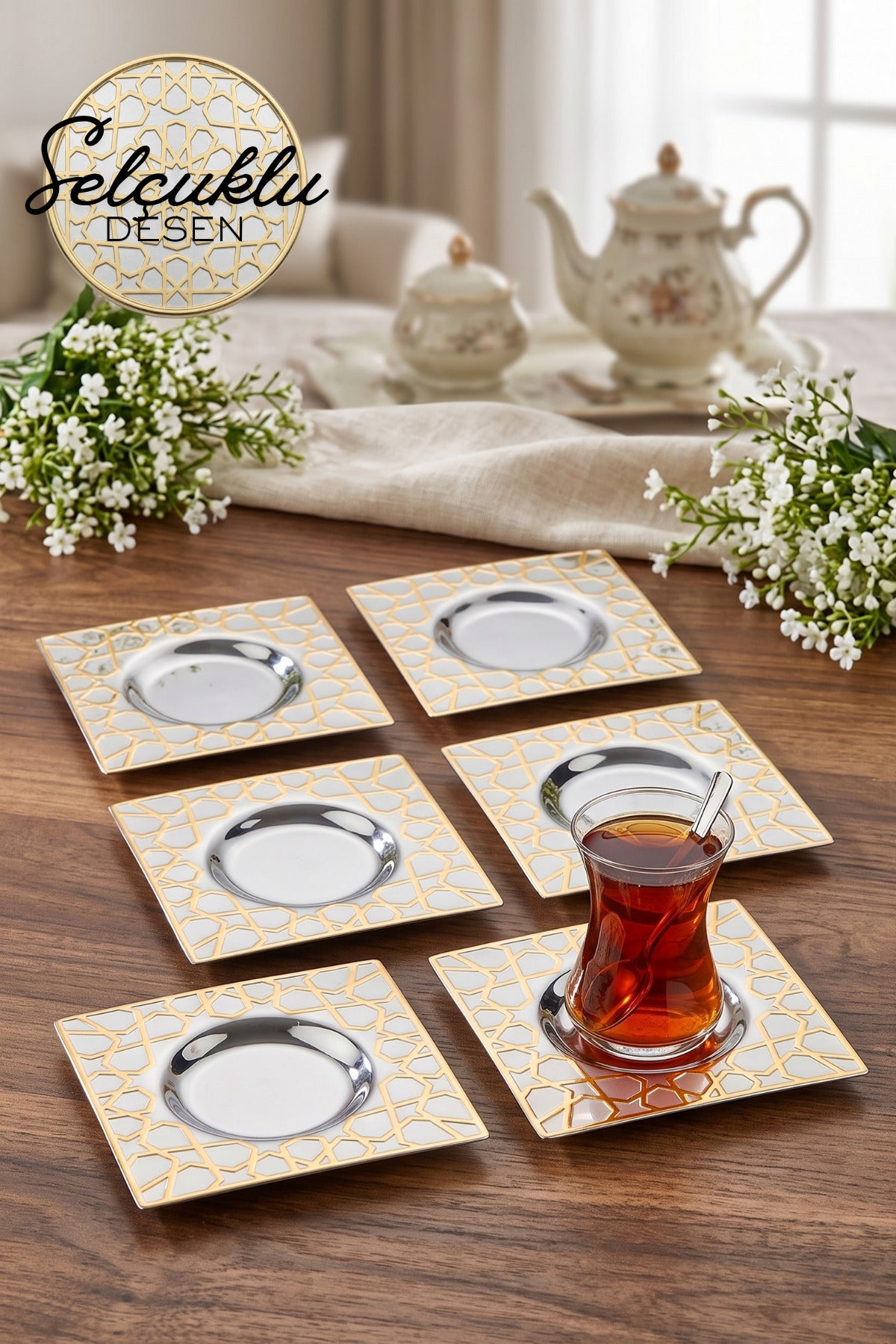 6'lı Selçuklu Gold Çay Tabağı - 18/10 Paslanmaz Çelik 6 Kişilik