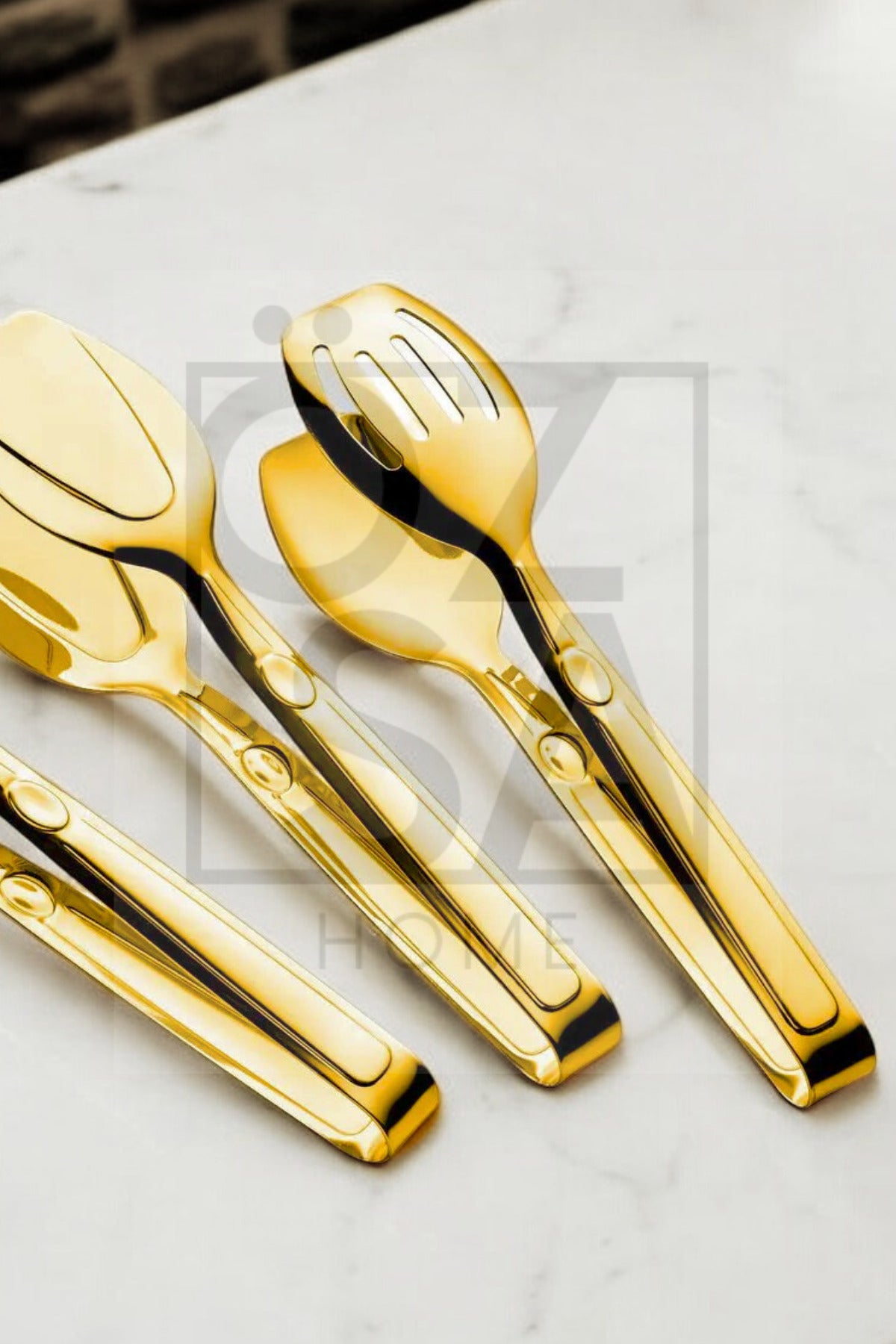 3'lü Lüks Paslanmaz Çelik Maşa Seti 3 Parça Servis Maşa Sunum Seti 18/10 Cr-Ni - Gold