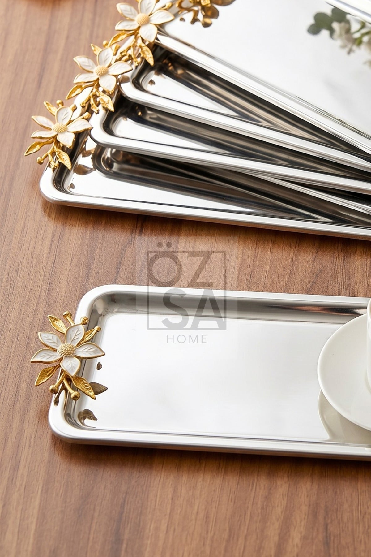 6'lı Papatya Aksesuarlı Lüx Dikdörtgen Paslanmaz Çelik Kahve Çay İkram ve Sunum Tepsisi Gümüş Renk 33x13 cm - Gümüş