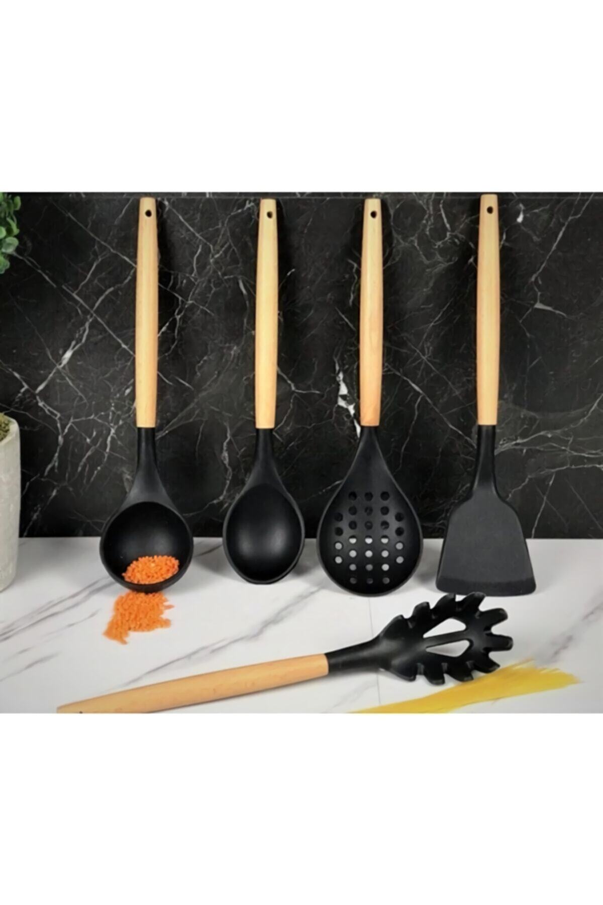 Bambu Saplı Siyah Çizmez Silikon Kevgir Kepçe Kaşık Makarna Salata Kaşığı Spatula 5'li Servis Set - Siyah