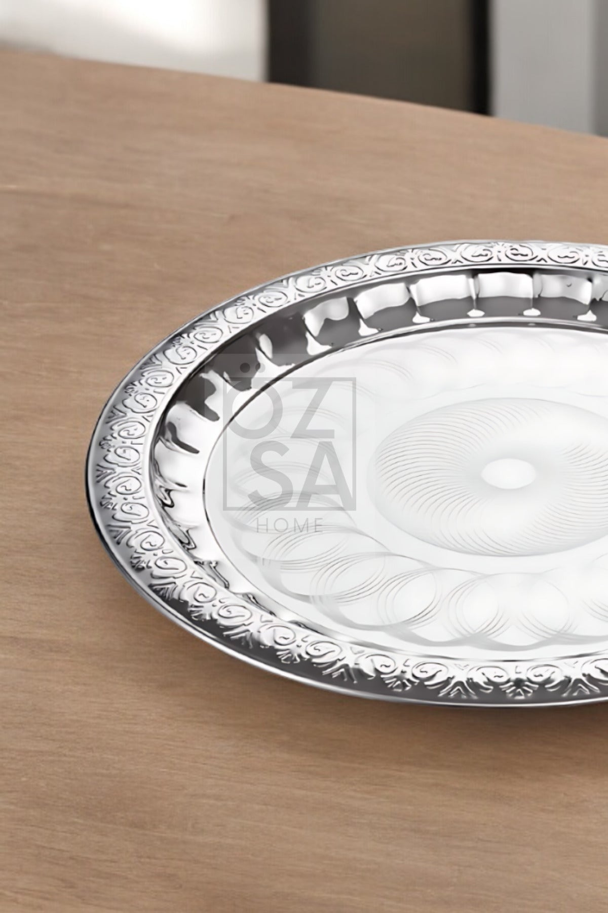 Paslanmaz Çelik Desenli Yuvarlak Çay Tepsi Kahve Servis Sunum Tepsi 36cm - Gümüş