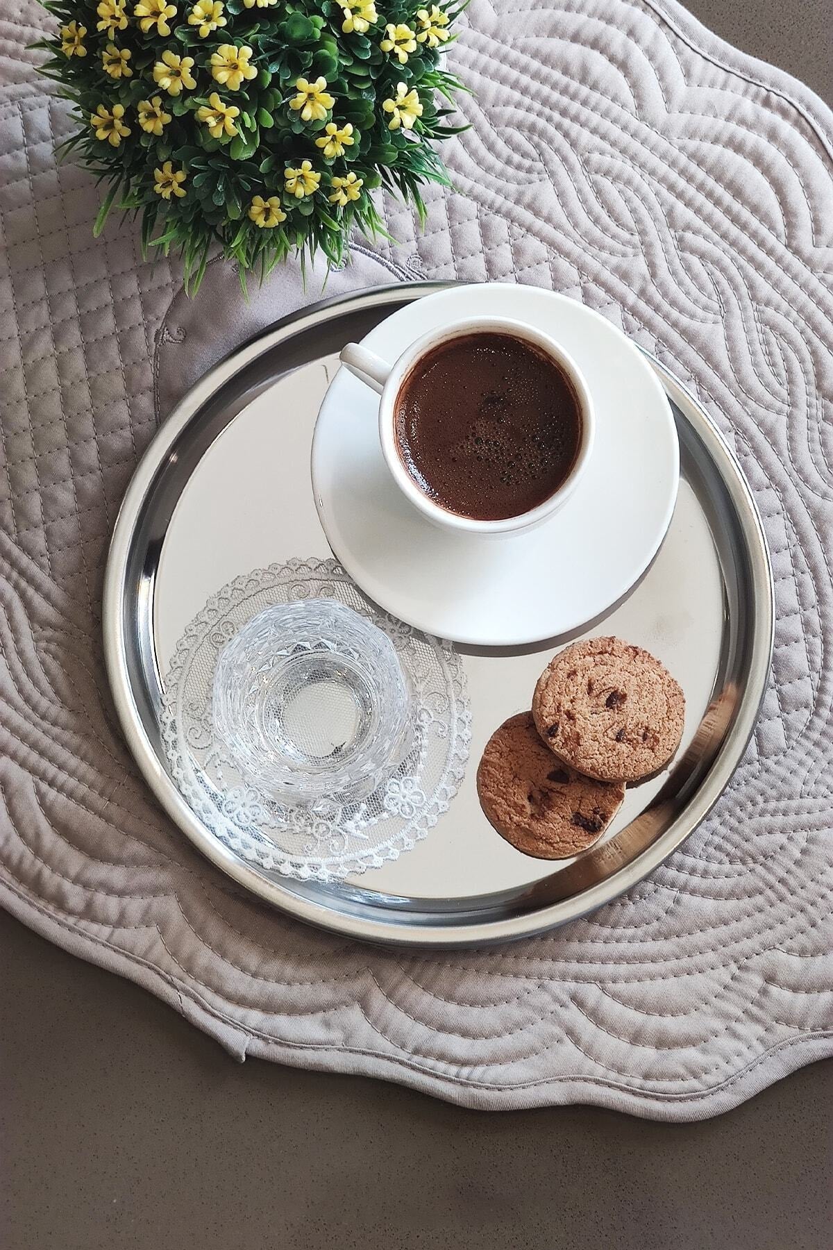 6 Adet Paslanmaz Çelik Yuvarlak Servis Tabağı Sunum Tepsisi 21,5cm - Gümüş