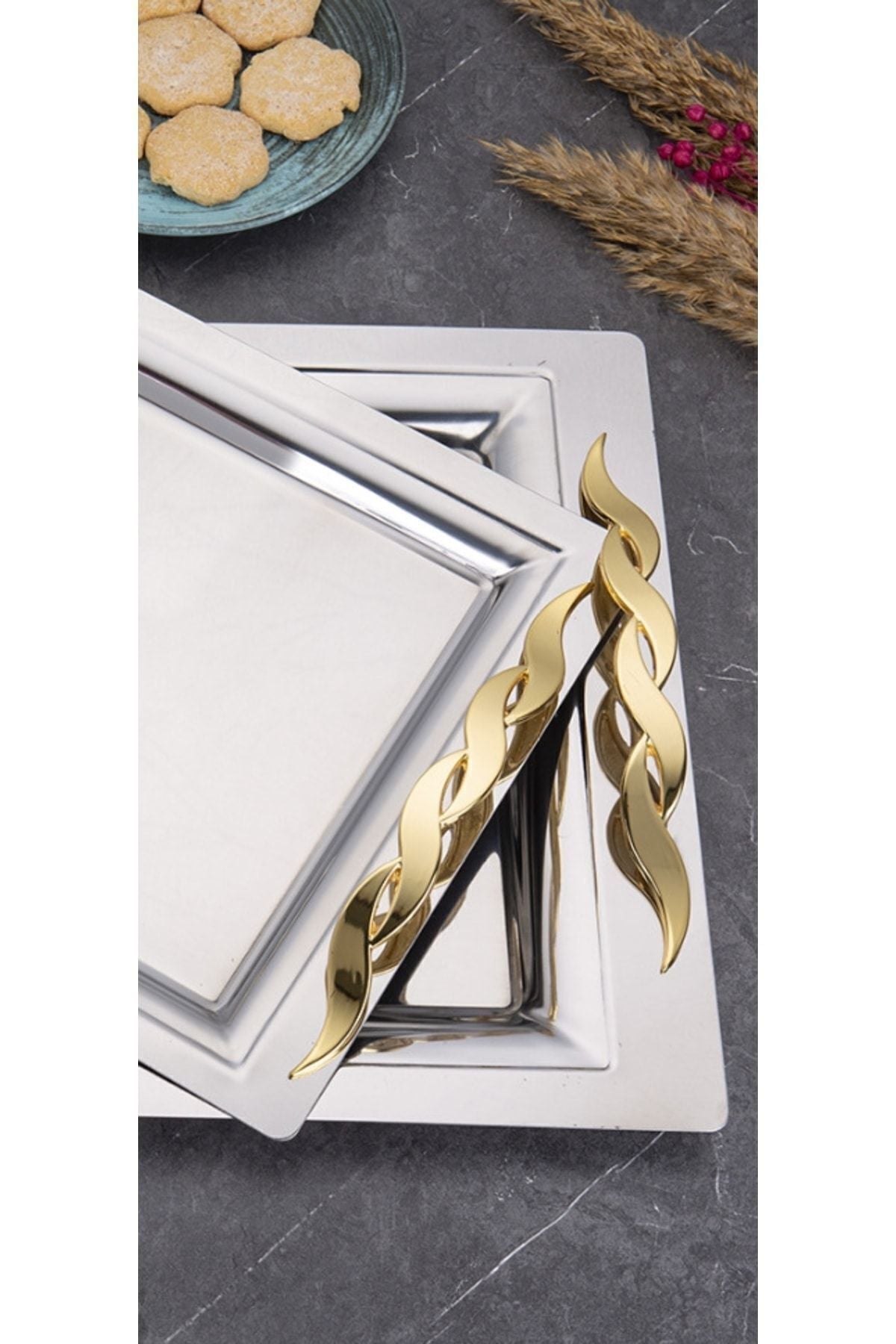 Mercan Silver Black 2'li İkramlık Sunumluk Servis Ve Çay Tepsisi - Sırma(Gold)