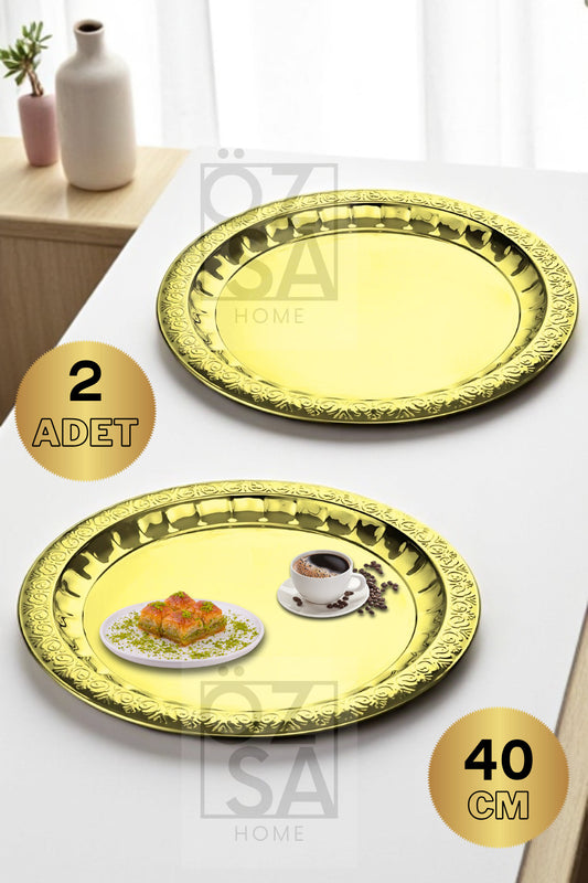 2 Adet Paslanmaz Çelik Desenli Gold Yuvarlak Çay Tepsi Kahve Servis Sunum Tepsi 40cm