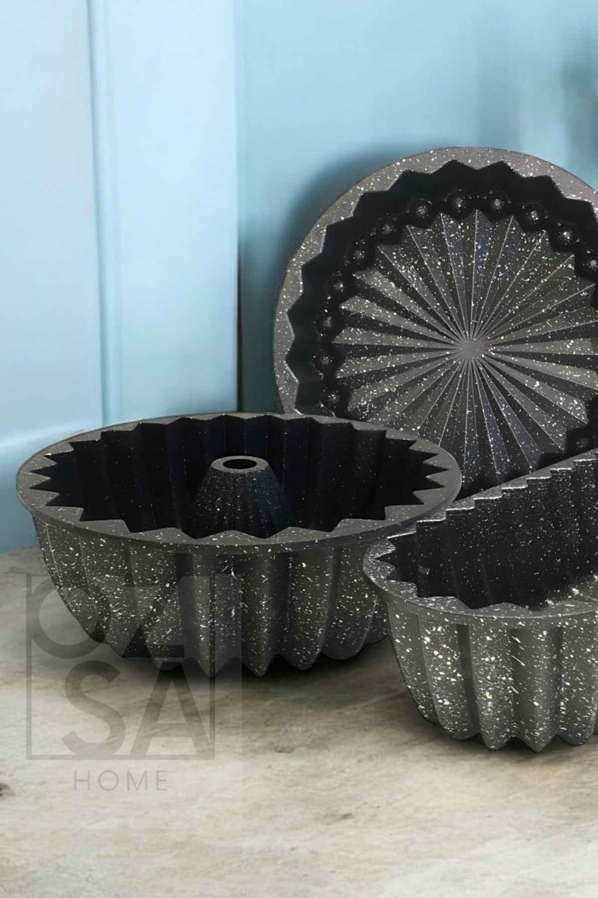 Hanımeli Döküm Granit Kek Turta Seti 3'lü Döküm Tart Kalıbı Dilimli Döküm Kek Kalıbı Çeyiz Seti - Siyah