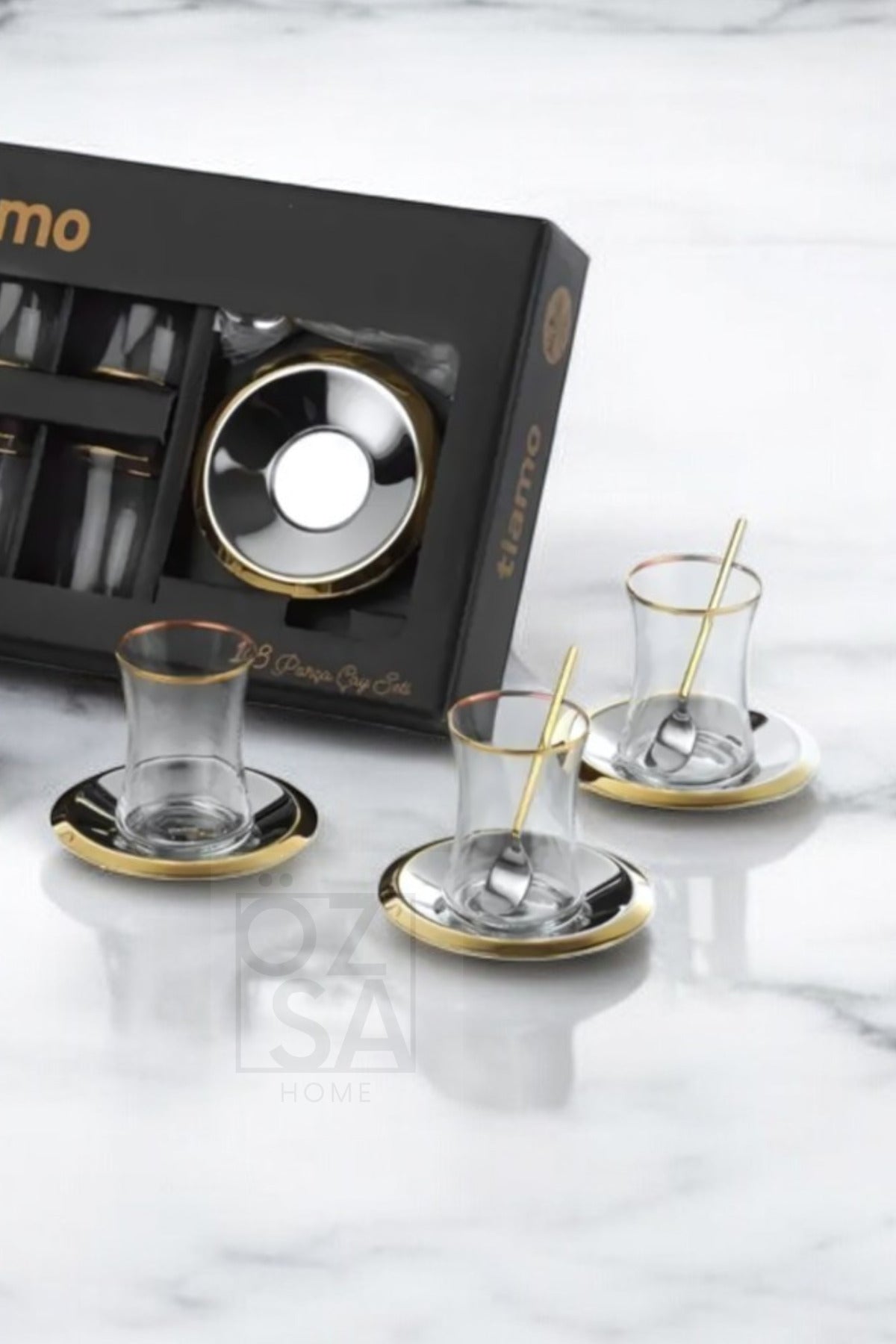 Tiamo Bella Premium 18/10 Paslanmaz Çelik 18 Parça Çay Seti Çay Bardağı Çay Tabağı Çeyizlik - Gold