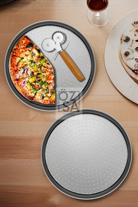 2'li Orta Boy Delikli Pizza Tepsisi Lahmacun Pide Tepsisi 32cm Bambu Çift Taraflı Pizza Ruleti Seti
