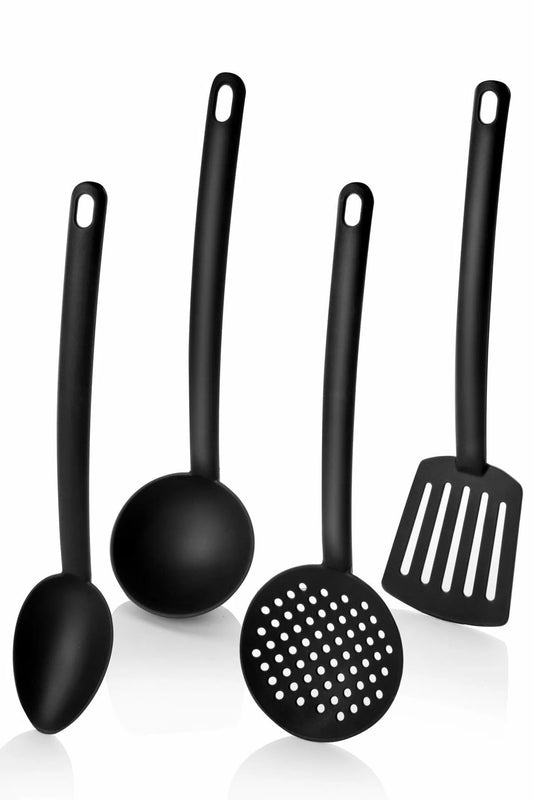 4'lü Lüx Yanmaz Yapışmaz Teflon Kaplama Servis Seti Kepçe Kevgir Spatula Kaşık Plastik Servis Takımı
