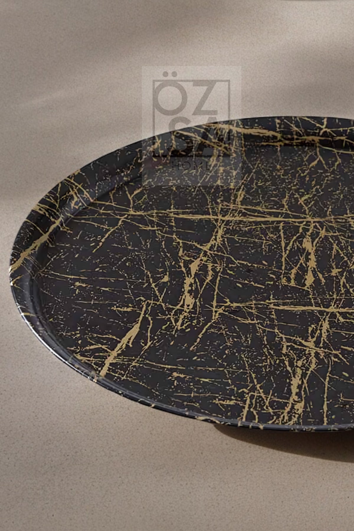 Mermer Desenli 35cm Yuvarlak Gold Siyah Melamin Tepsi Sunum Dekoratif Sofra Mutfak Çay Kahve Tepsi - Siyah