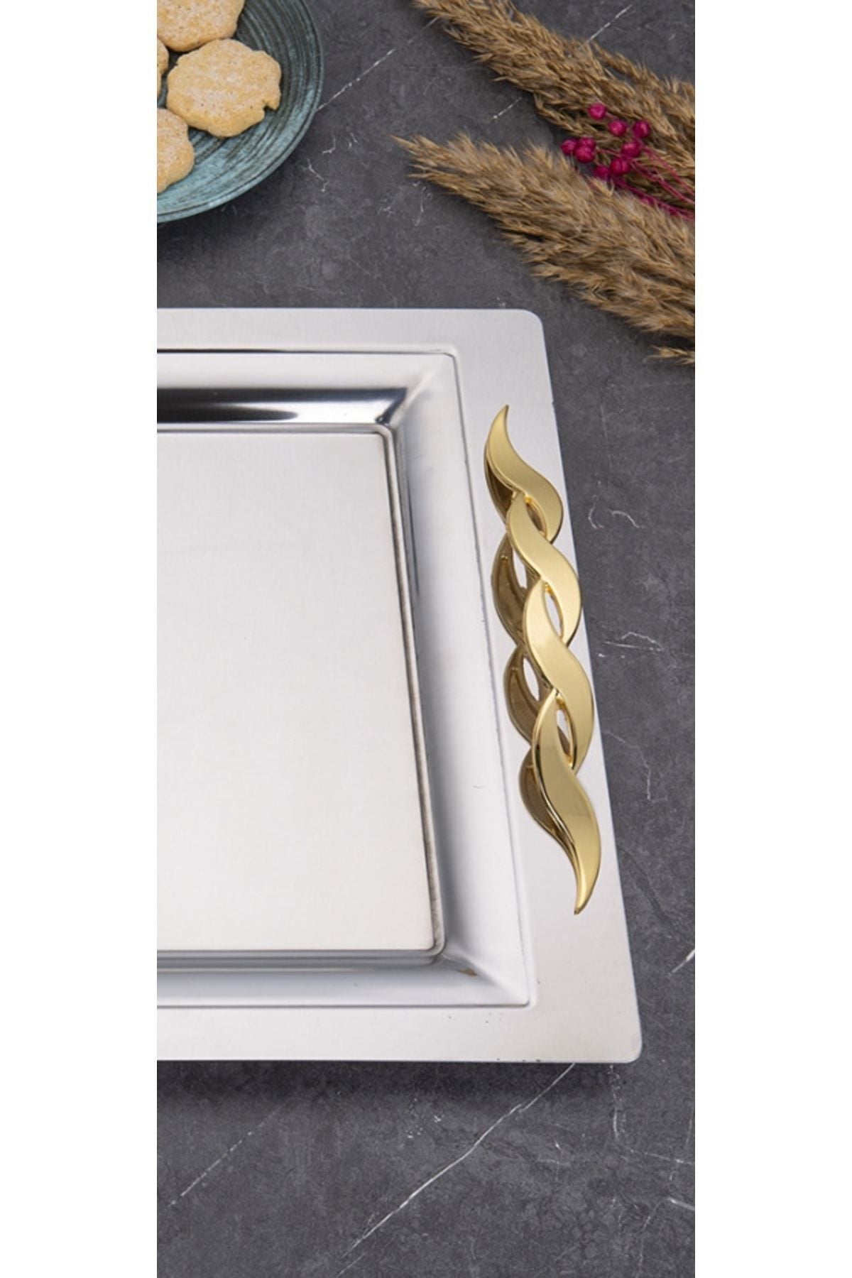 Mercan Sırma Gold Ikramlık Sunumluk Çay Servis Sunum Tepsi - Sırma Gold