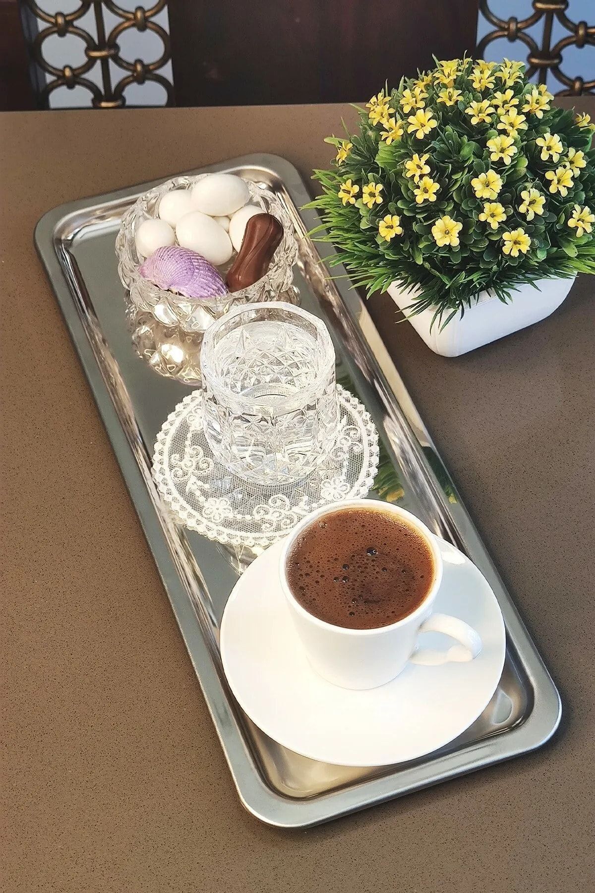 2'li Gold Lüx Dikdörtgen Paslanmaz Çelik Kahve Çay İkram ve Sunum Tepsisi Altın Renk 33x13 cm - Gümüş