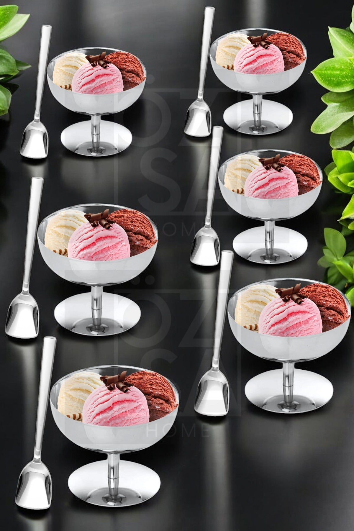 6 Kişilik Dondurmalık Seti Ayaklı Magnolia Dondurmalık Tatlı Kasesi ve Dondurma Kaşığı Seti Çelik