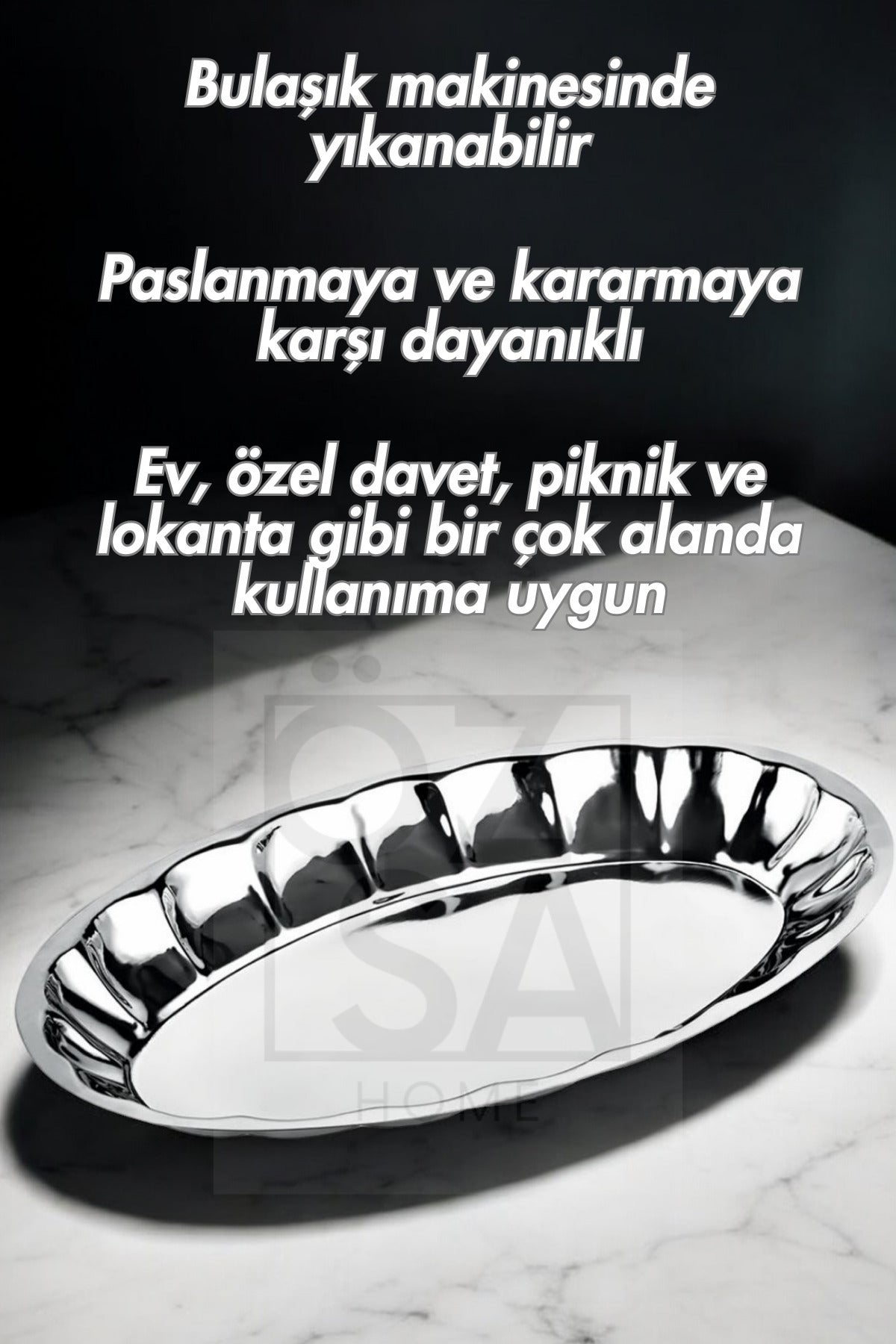 5'li Paslanmaz Çelik Meyve ve Salata Tabağı Servis Sunum Parlak Kayık Tabak Seti No: 1-2-3-4-5 - Gümüş