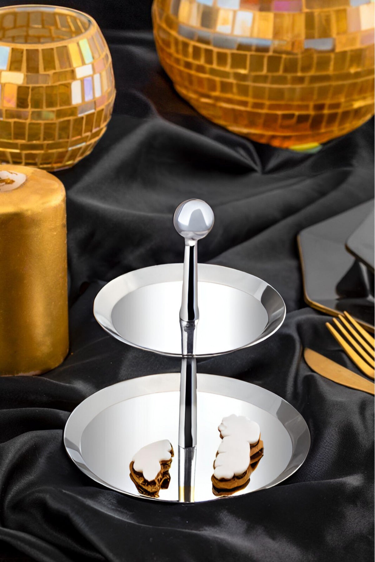 Small Silver 18/10 Paslanmaz Çelik Katlı Sunumluk 15 Cm Ayaklı Sunumluk - Gümüş