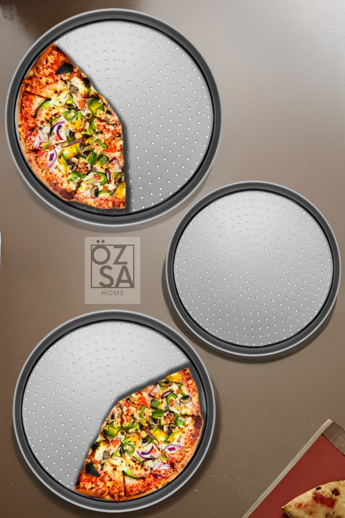3'lü Delikli Pizza Tepsisi Lahmacun Pide Tepsisi 28 - 32 - 36cm 3 Parça Çelik Pizza Tepsisi