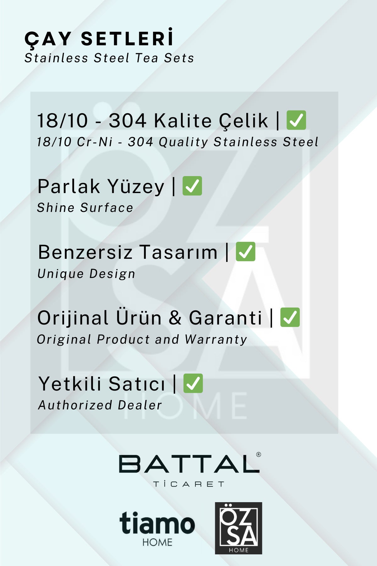 Tiamo Selçuklu Premium 18/10 Paslanmaz Çelik 18 Parça Çay Seti Çay Bardağı Çay Tabağı Çeyizlik - Gümüş