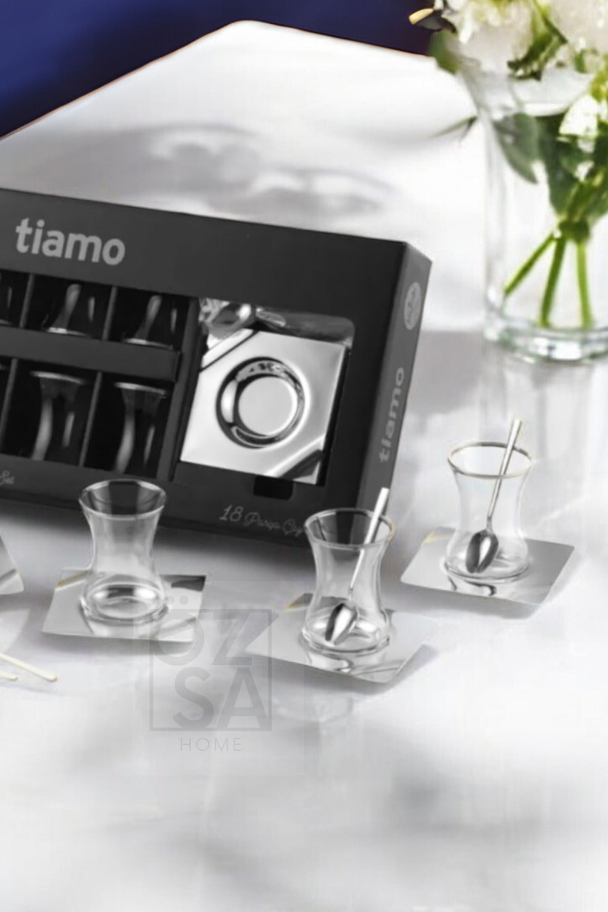 Tiamo Mira Premium 18/10 Paslanmaz Çelik 18 Parça Çay Seti Çay Bardağı Çay Tabağı Çeyizlik - Gümüş