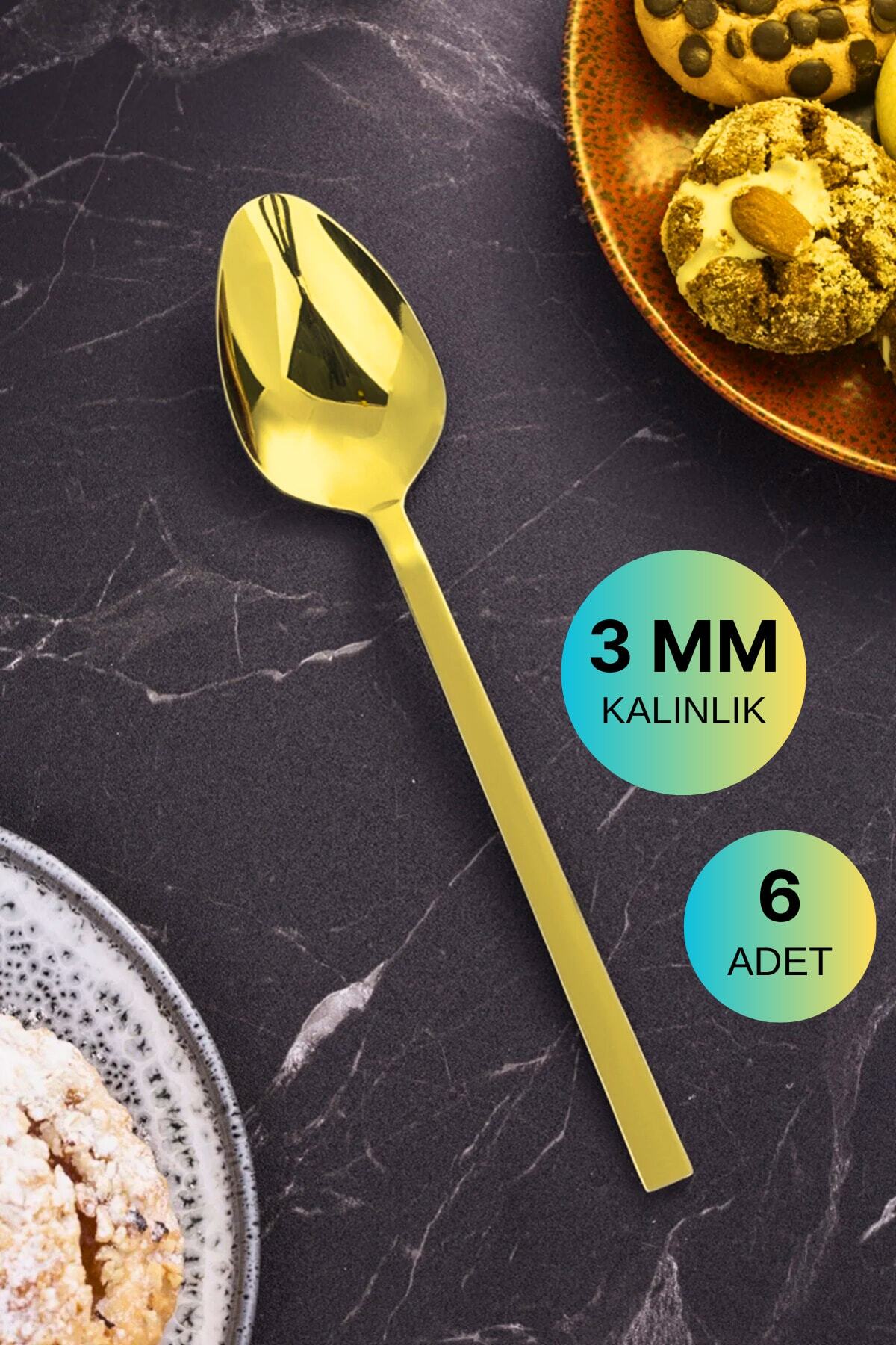6 Adet Lüx Parlak Gold Yemek Kaşığı Paslanmaz Çelik Çubuk Model Altın Yemek Kaşığı