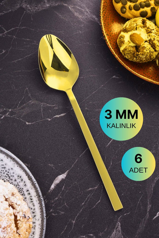 6 Adet Lüx Parlak Gold Yemek Kaşığı Paslanmaz Çelik Çubuk Model Altın Yemek Kaşığı