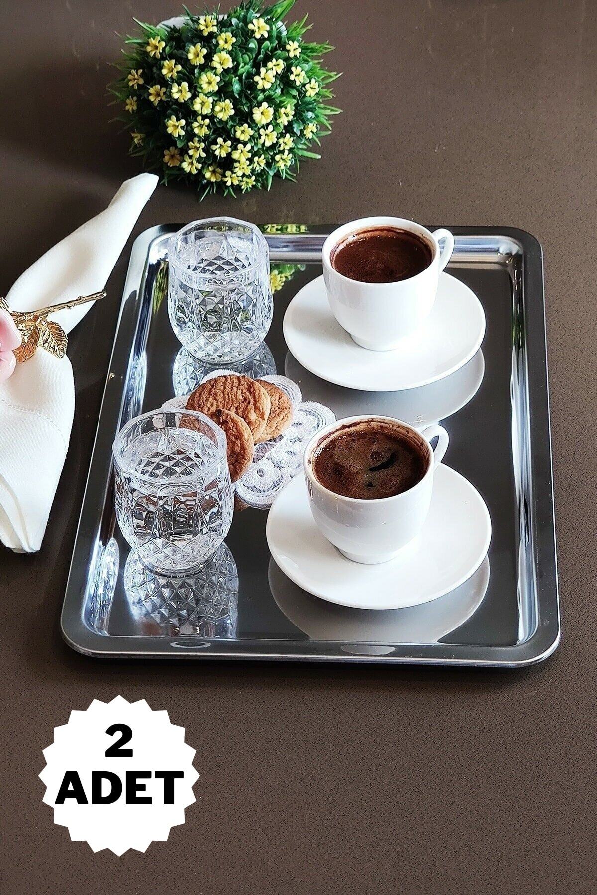 2'li Paslanmaz Çelik Servis Ve Sunum Çay Kahve Tatlı Tepsisi 33x23cm