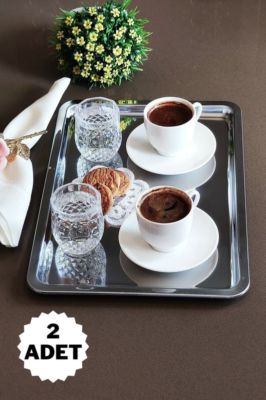 2'li Paslanmaz Çelik Servis Ve Sunum Çay Kahve Tatlı Tepsisi 33x23cm