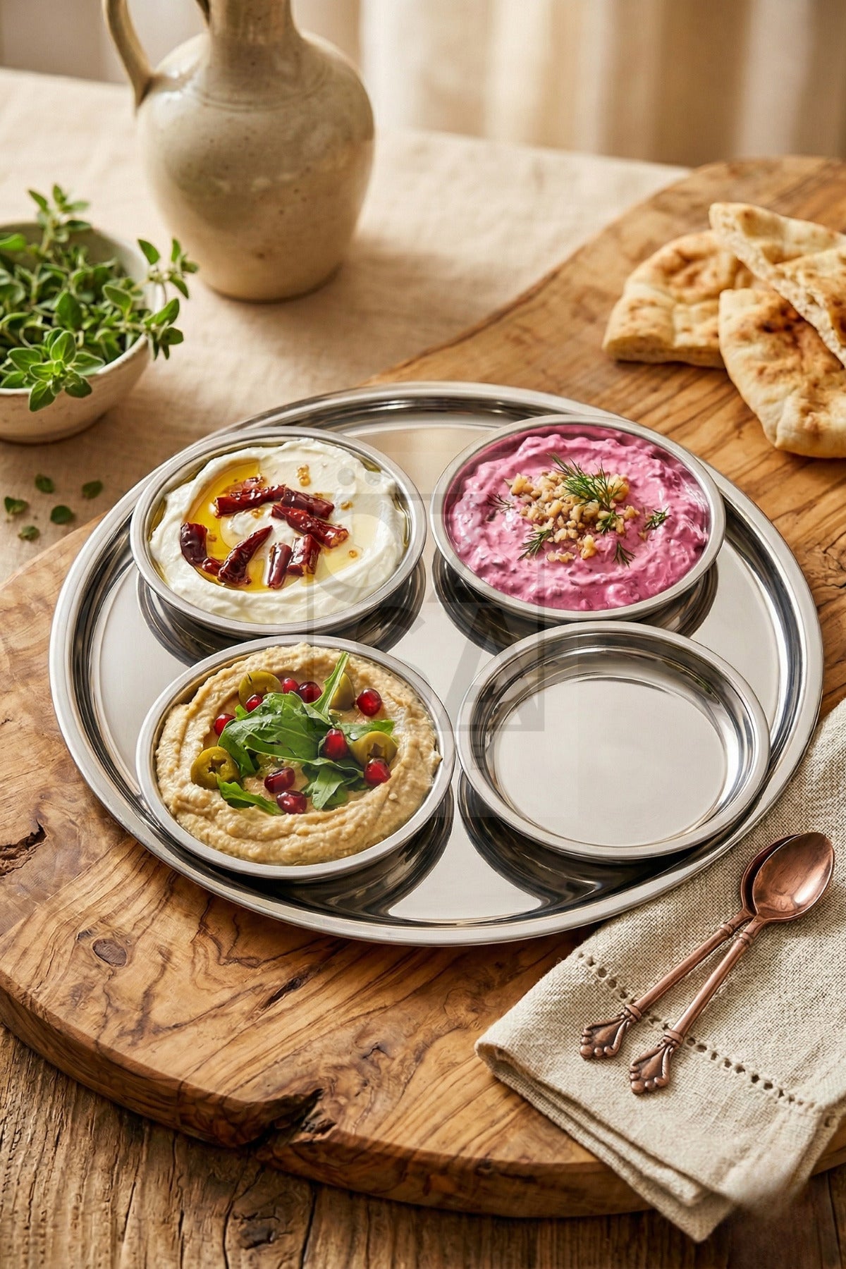 5 Parça Çelik Meze Seti Mezelik Sosluk Meze Tabağı Sunum Seti - Gümüş