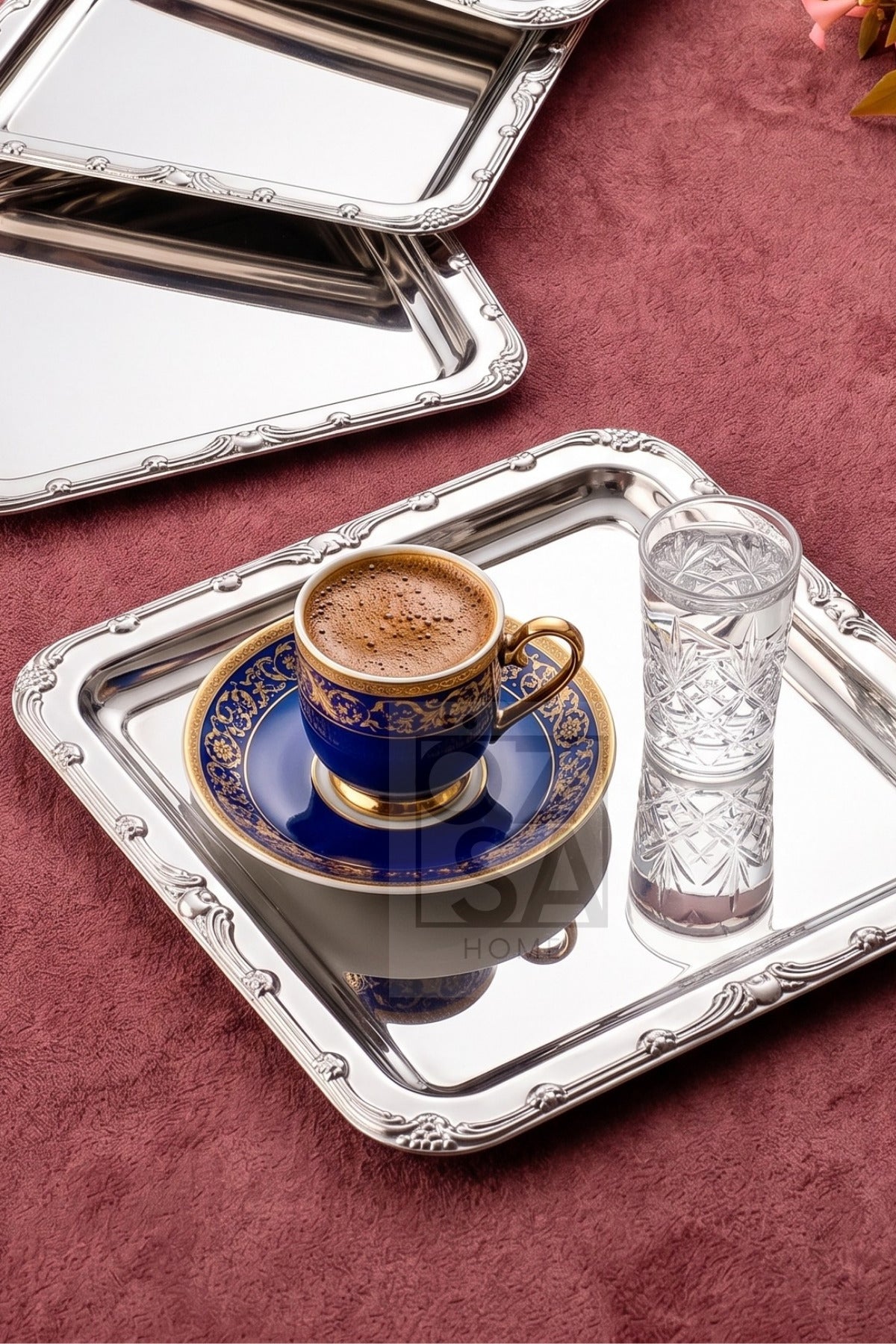 Antique Lüx 6 Adet 21 cm Paslanmaz Çelik Gümüş Renk Desenli Kare Tepsi Dekoratif Kahve Tepsisi - Gümüş