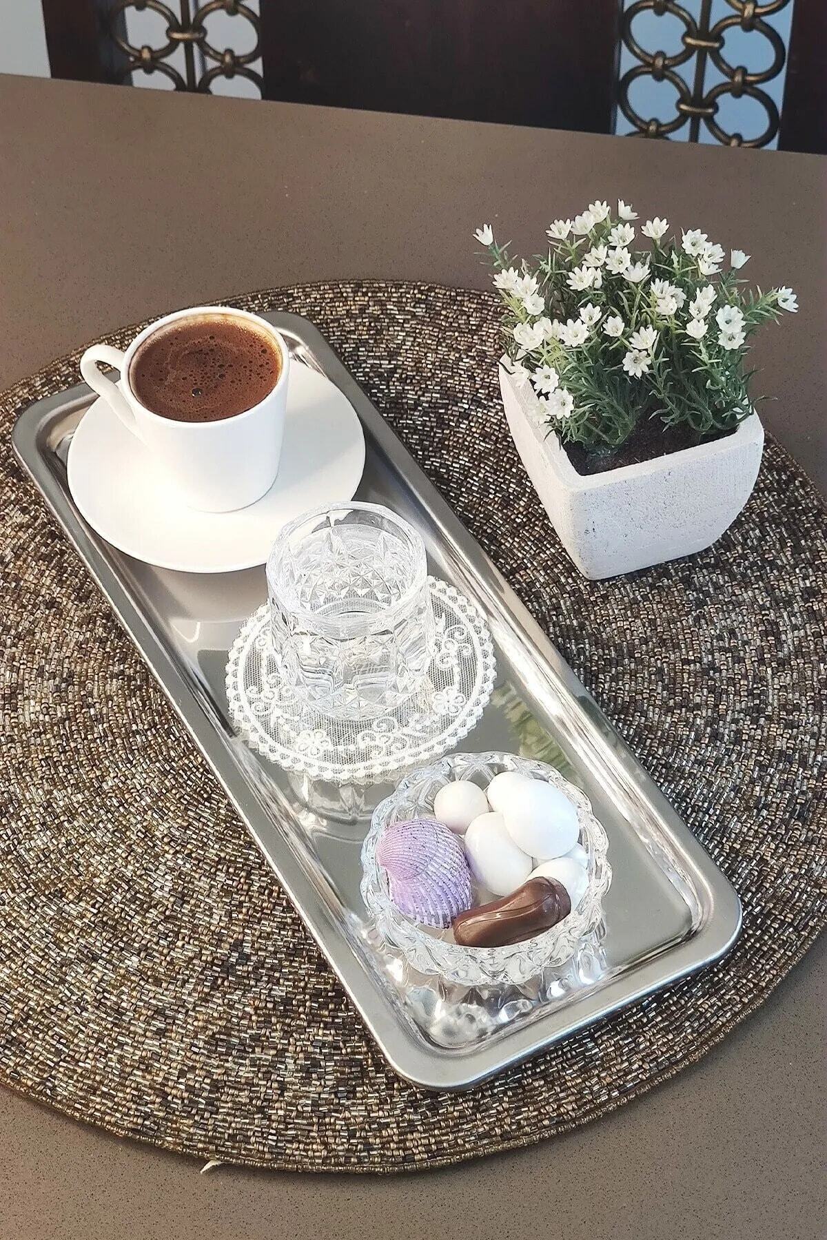 6'lı Gold Lüx Dikdörtgen Paslanmaz Çelik Kahve Çay İkram ve Sunum Tepsisi Altın Renk 33x13 cm - Gümüş