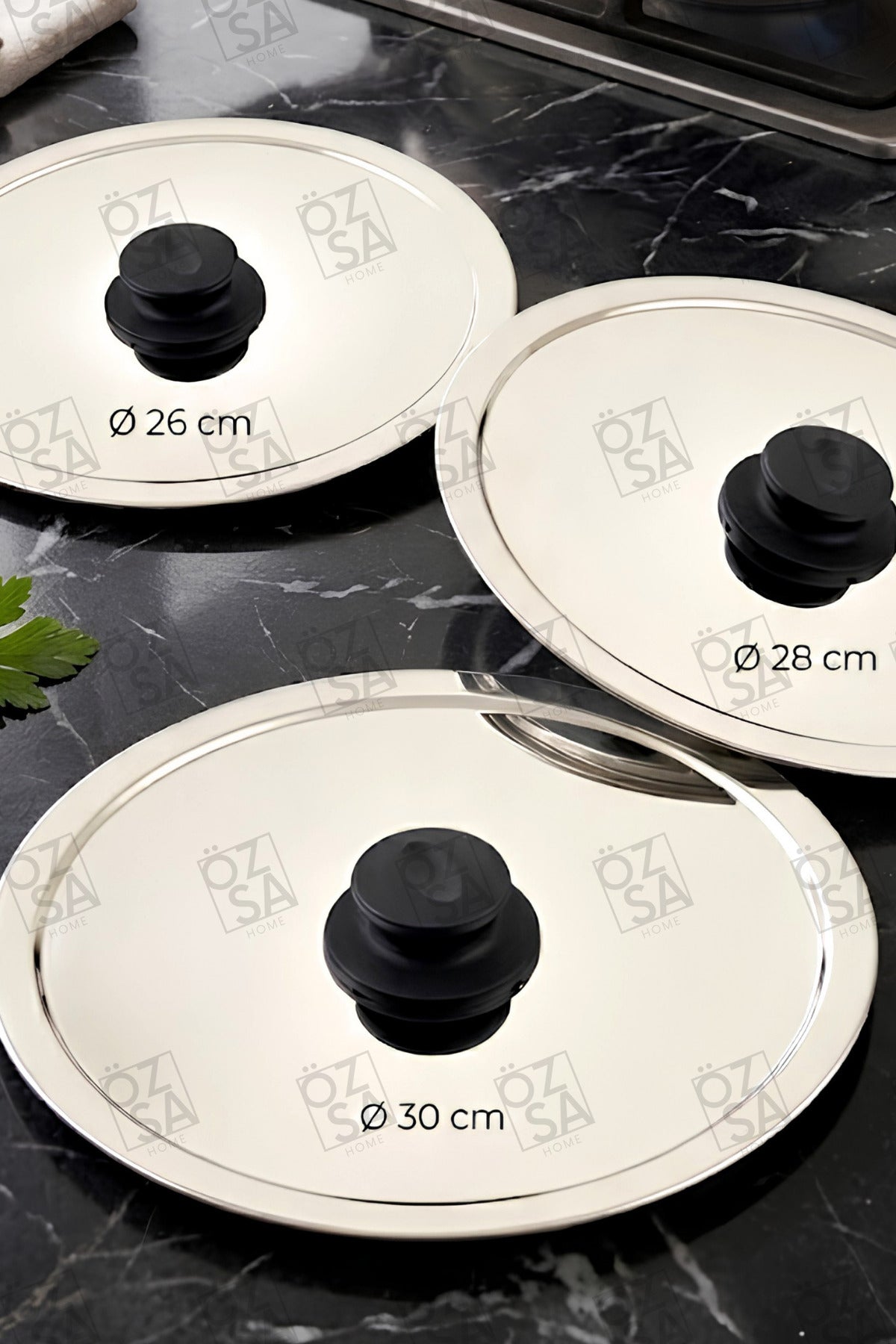 3'lü Paslanmaz Çelik 26-28-30 cm Balık Tavası Kapağı Kulplu Kapak Seti