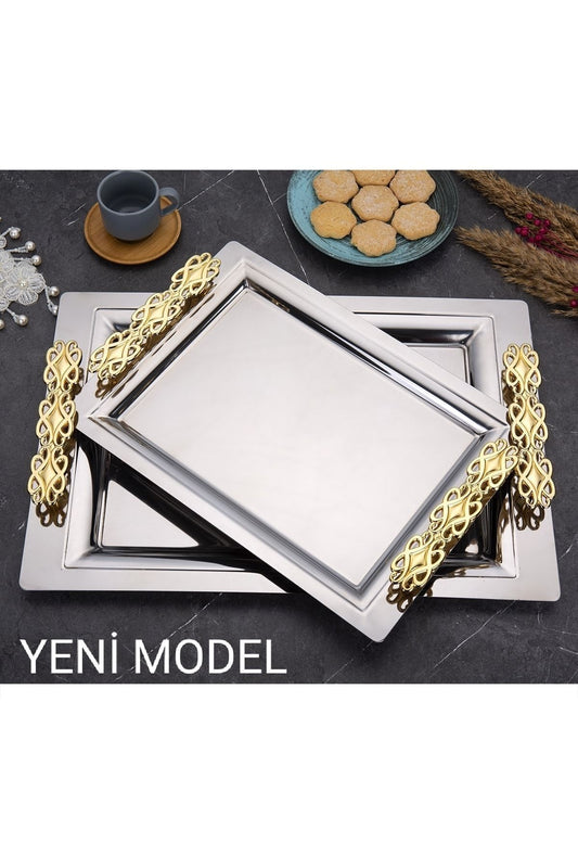 Mercan Silver Black 2'li İkramlık Sunumluk Servis Ve Çay Tepsisi - Perla Gold
