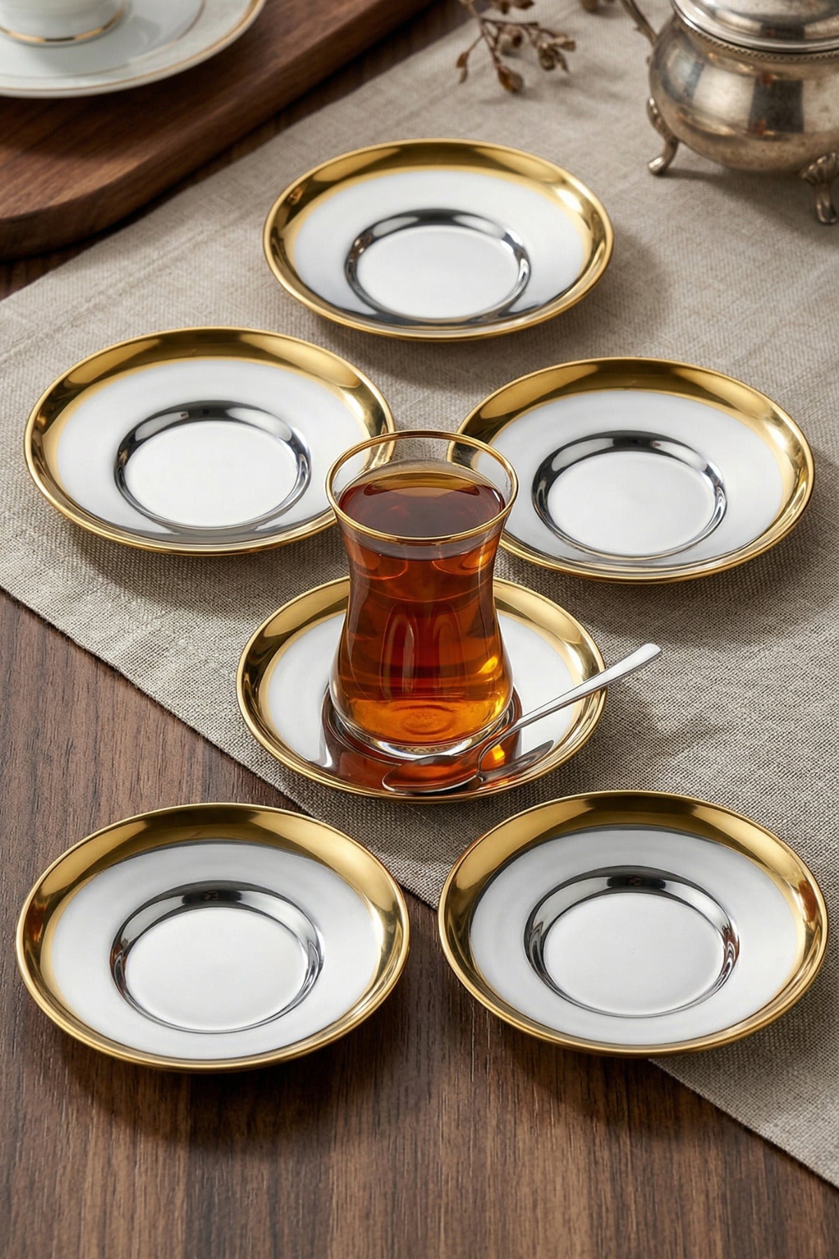 Rio 6lı Çelik Çay Tabağı 18/10 Tüm Çay Bardaklarına Uyumlu Gold