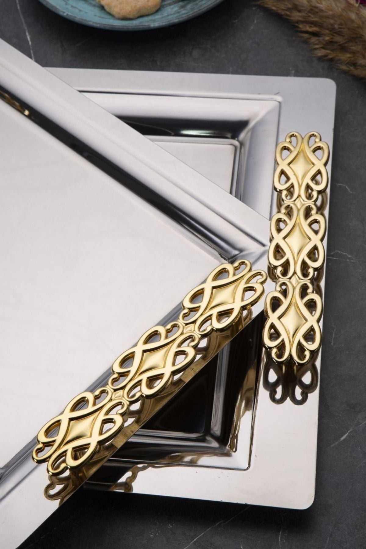 Mercan Silver Black 2'li İkramlık Sunumluk Servis Ve Çay Tepsisi - Perla Gold