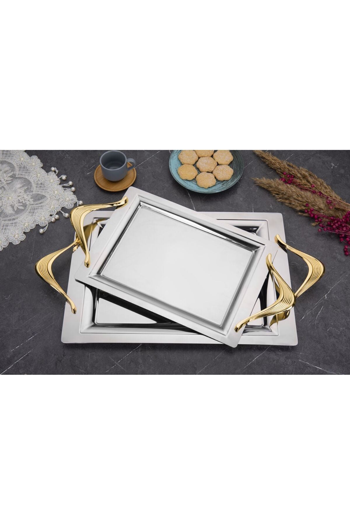 Mercan Silver Black 2'li İkramlık Sunumluk Servis Ve Çay Tepsisi - VERA GOLD