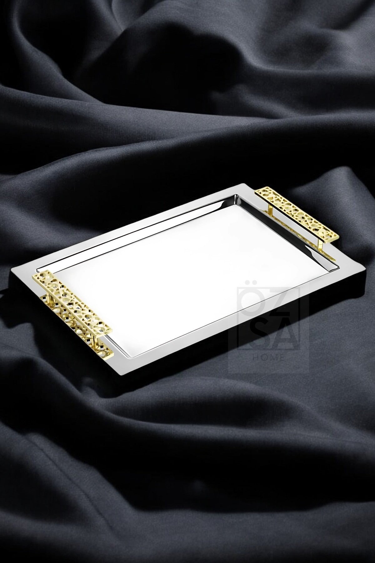 Tiamo Selçuklu Premium 18/10 Paslanmaz Çelik Sunum Tepsisi Kulplu Söz Nişan Servis Çay Tepsi - Gold