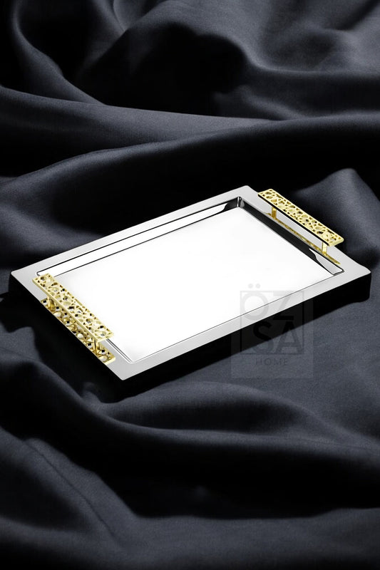 Tiamo Selçuklu Premium 18/10 Paslanmaz Çelik Sunum Tepsisi Kulplu Söz Nişan Servis Çay Tepsi - Gold