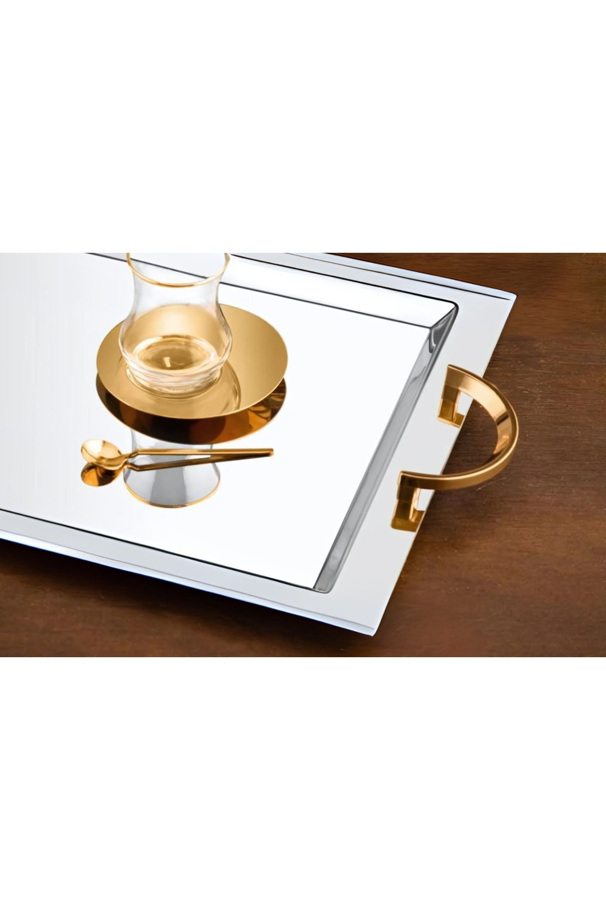 Tiamo Celine Premium 18/10 Paslanmaz Çelik Sunum Tepsisi Kulplu Söz Nişan Servis Çay Tepsi - Gold