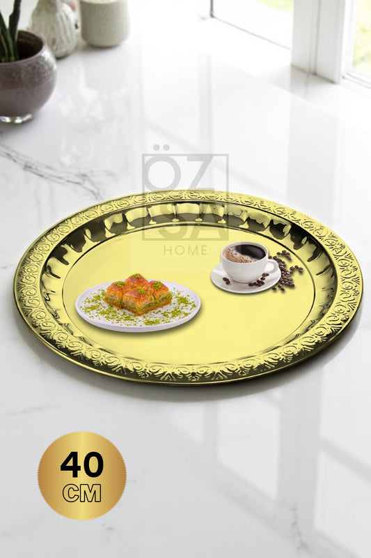 Paslanmaz Çelik Desenli Gold Yuvarlak Çay Tepsi Kahve Servis Sunum Tepsi 40cm