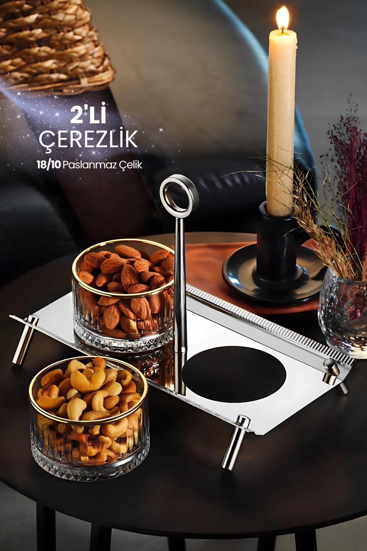 Anes 2'li Çerezlik Kulplu İkramlık Sunumluk 18/10 Paslanmaz Çelik Elysia Kase İkramlık Reçellik
