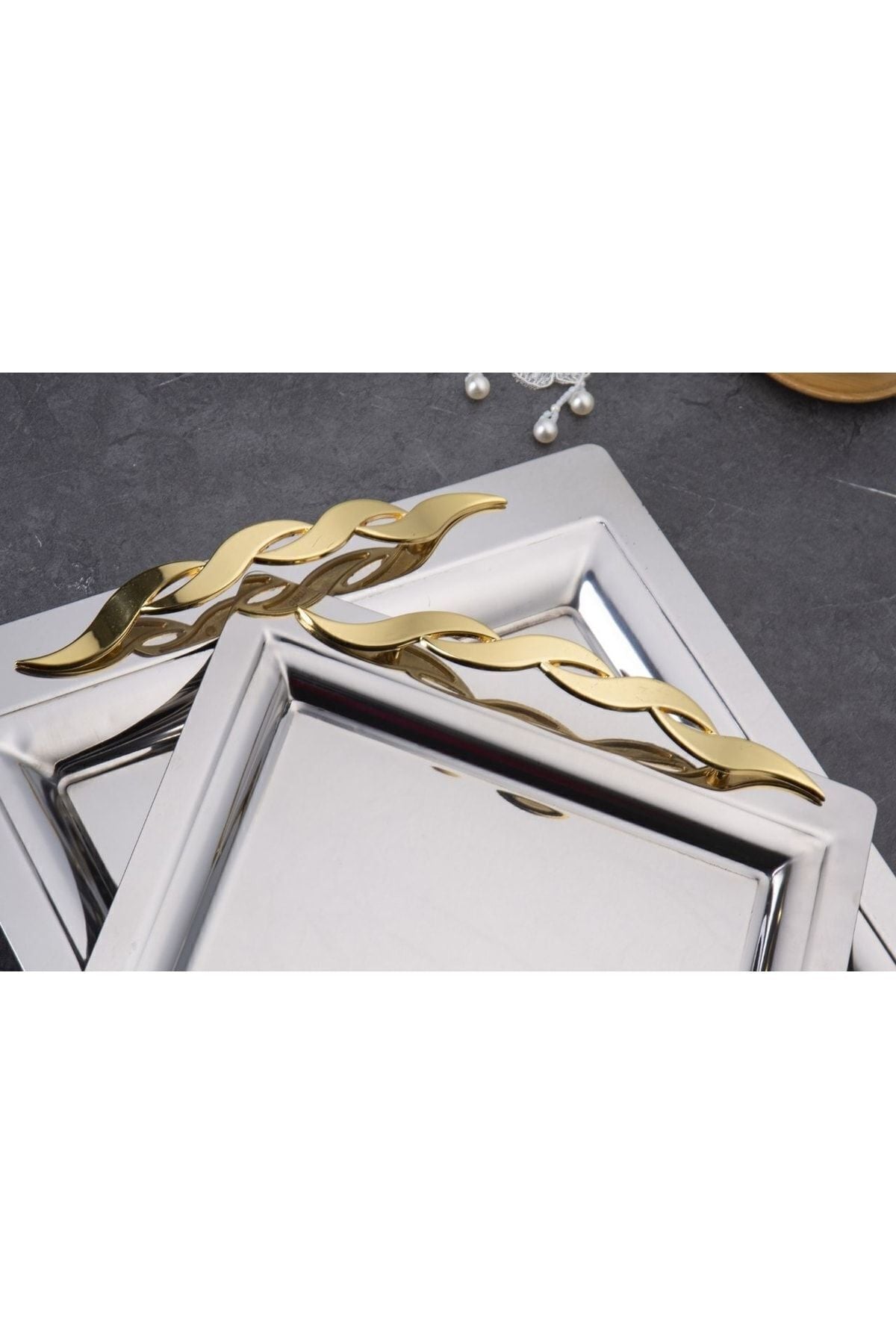 Mercan Silver Black 2'li İkramlık Sunumluk Servis Ve Çay Tepsisi - Sırma(Gold)