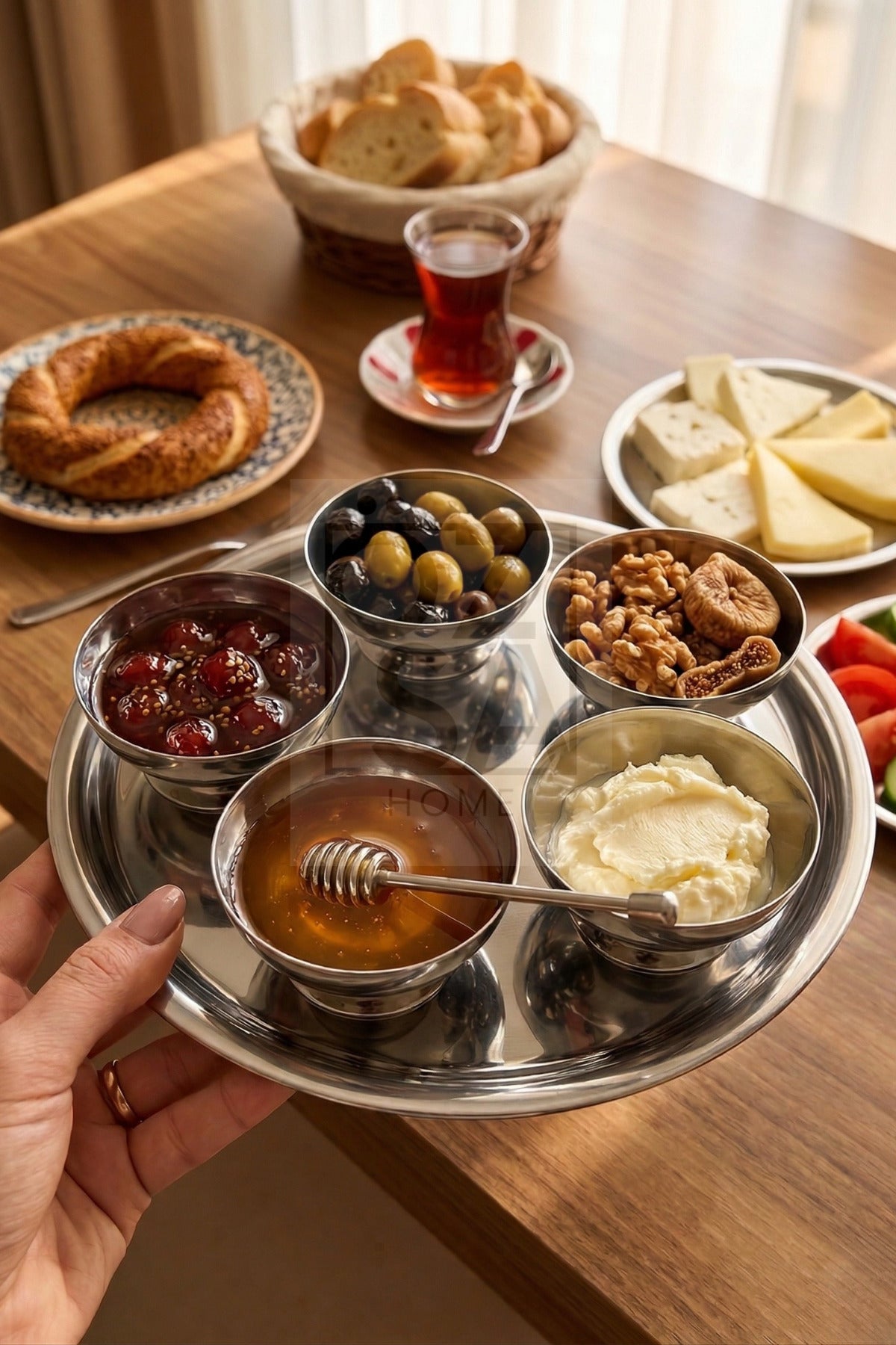 6 Parça Çelik Kahvaltılık Sunumluk Seti Reçellik Çerezlik Ayaklı Sunumluk İkramlık Sunum Seti - Gümüş
