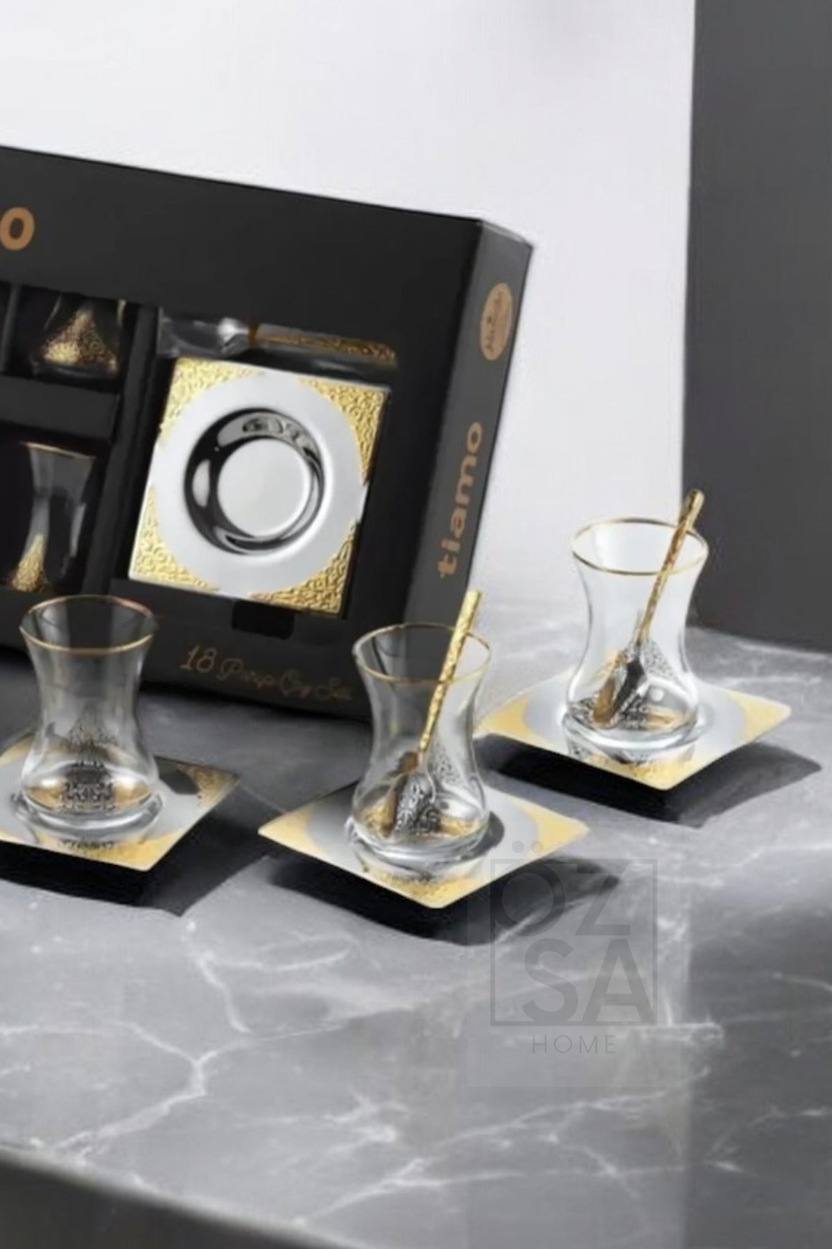 Tiamo Ottoman Premium 18/10 Paslanmaz Çelik 18 Parça Çay Seti Çay Bardağı Çay Tabağı Çeyizlik - Gold