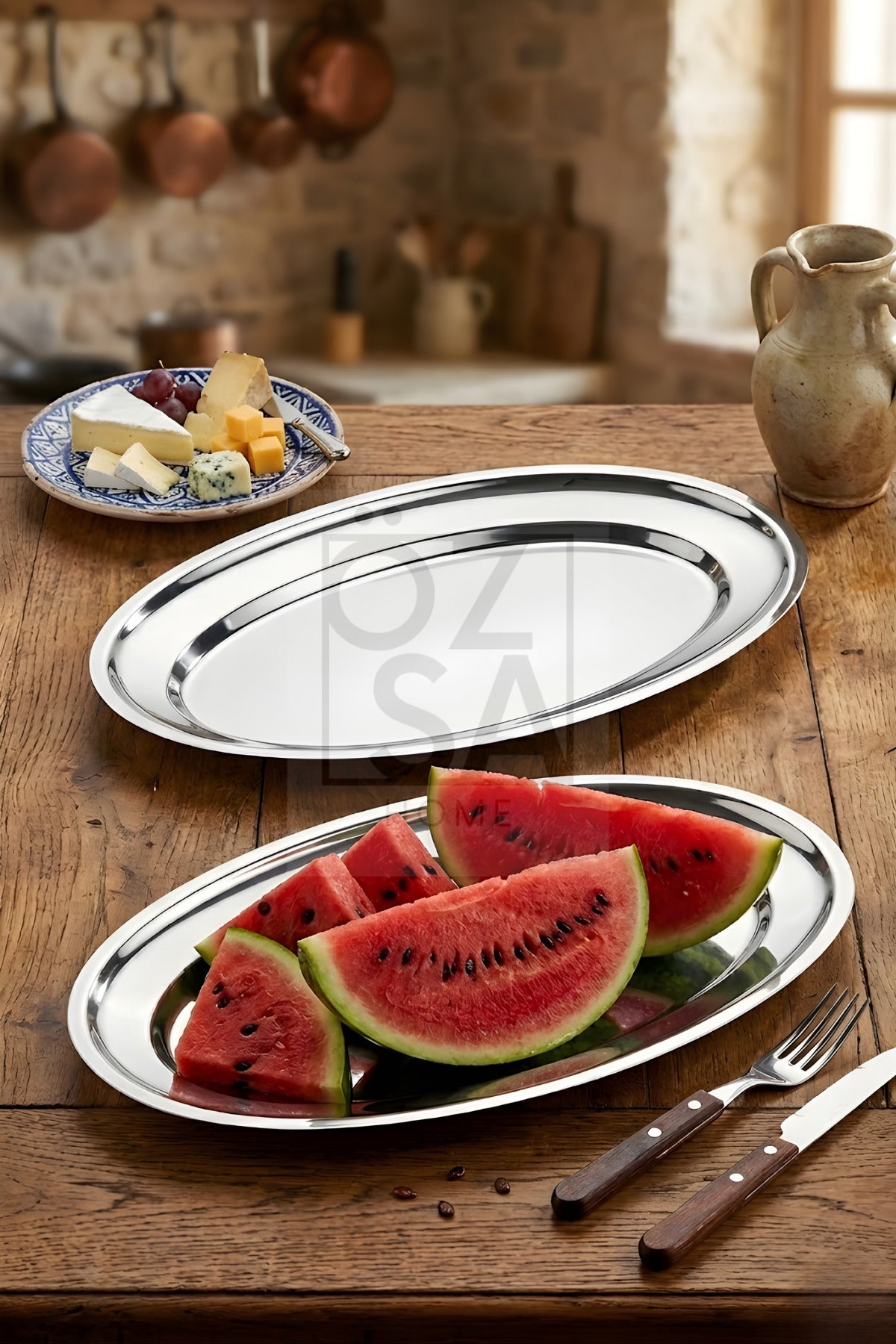 Ovalis 2'li Büyük Boy Çelik Meyve Salata Meze Tabağı Servis Sunum Parlak Kayık Tabak Seti No: 5 - Gümüş