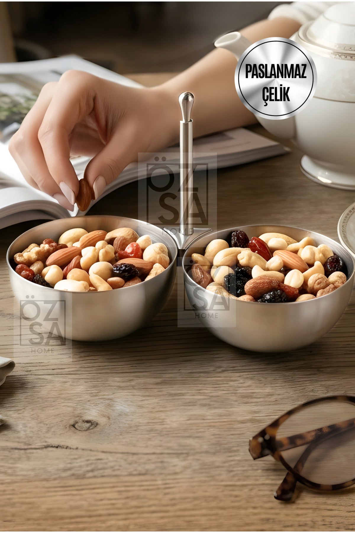 2'li Çerezlik Paslanmaz Çelik Mat Kuruyemişlik Reçellik Metal Saplı Kafe Lokanta Restoran Çerezlik - Gümüş