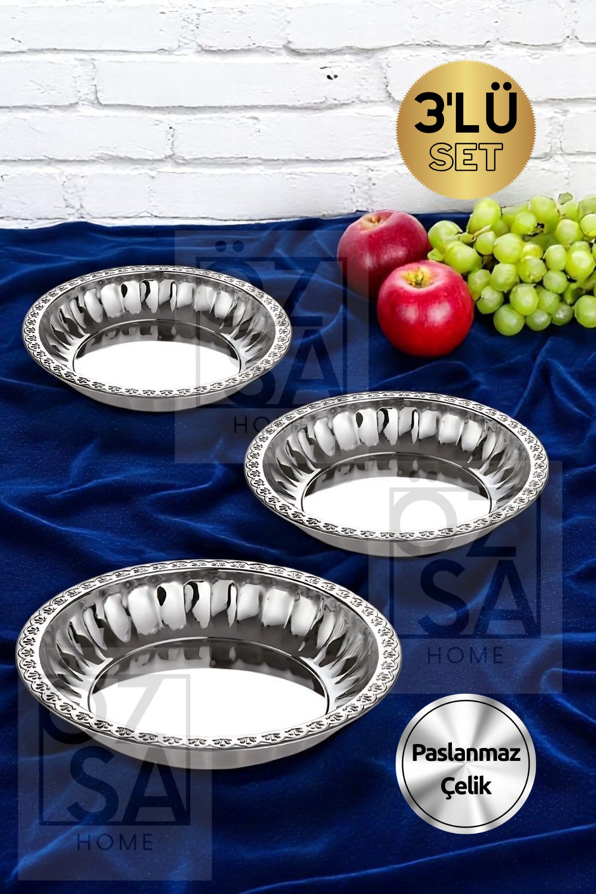 3'lü Lüx Çelik Salata Meyve Tabağı Salata Kasesi Seti Mısır Kasesi 23-27-30 Tabak Kase Seti