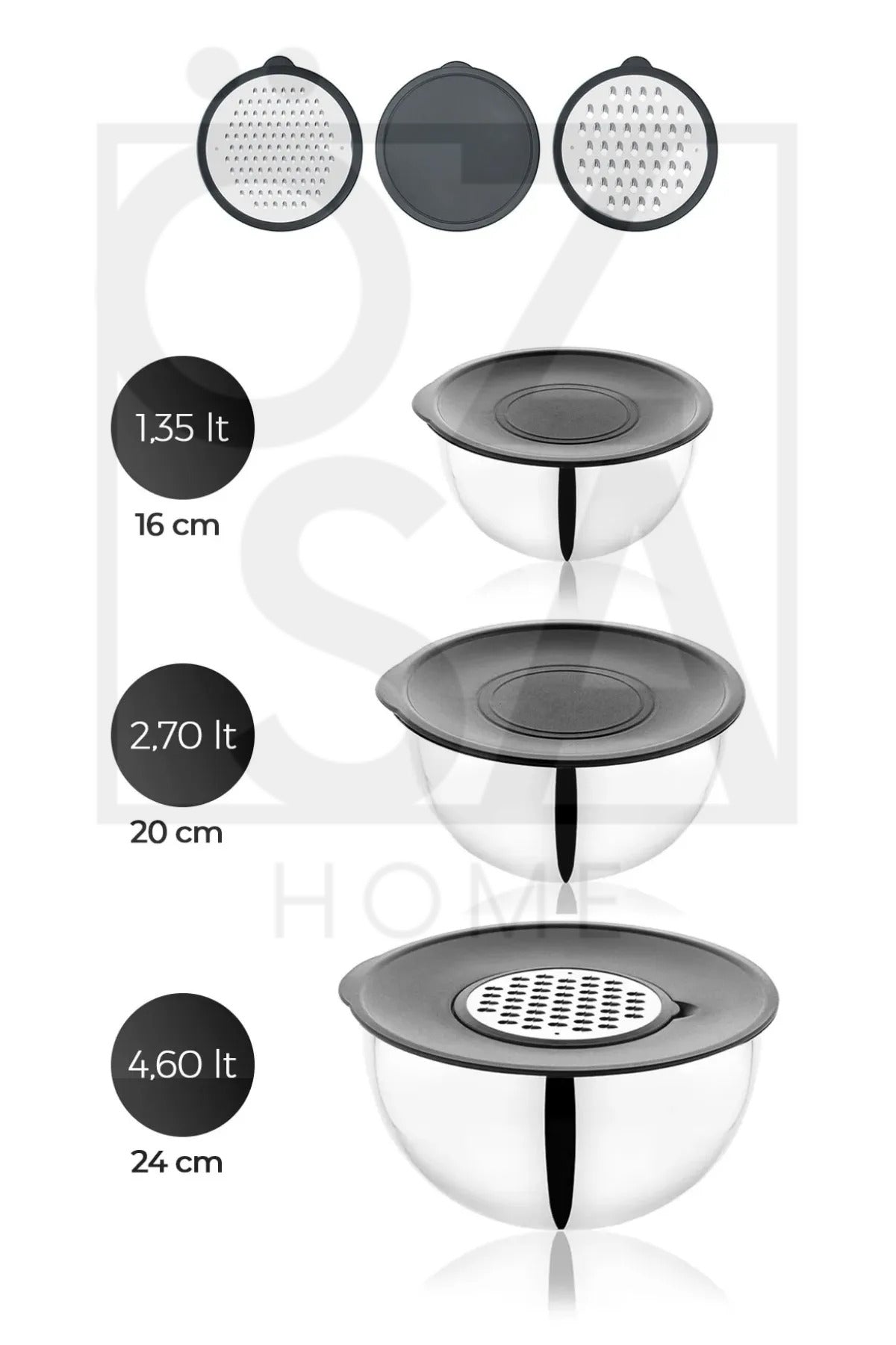 9 Parça 16-20-24 Cm 18/10 Çelik 3 Boy Çift Rendeli Karıştırma Kabı Saklama Kabı Seti - Gümüş