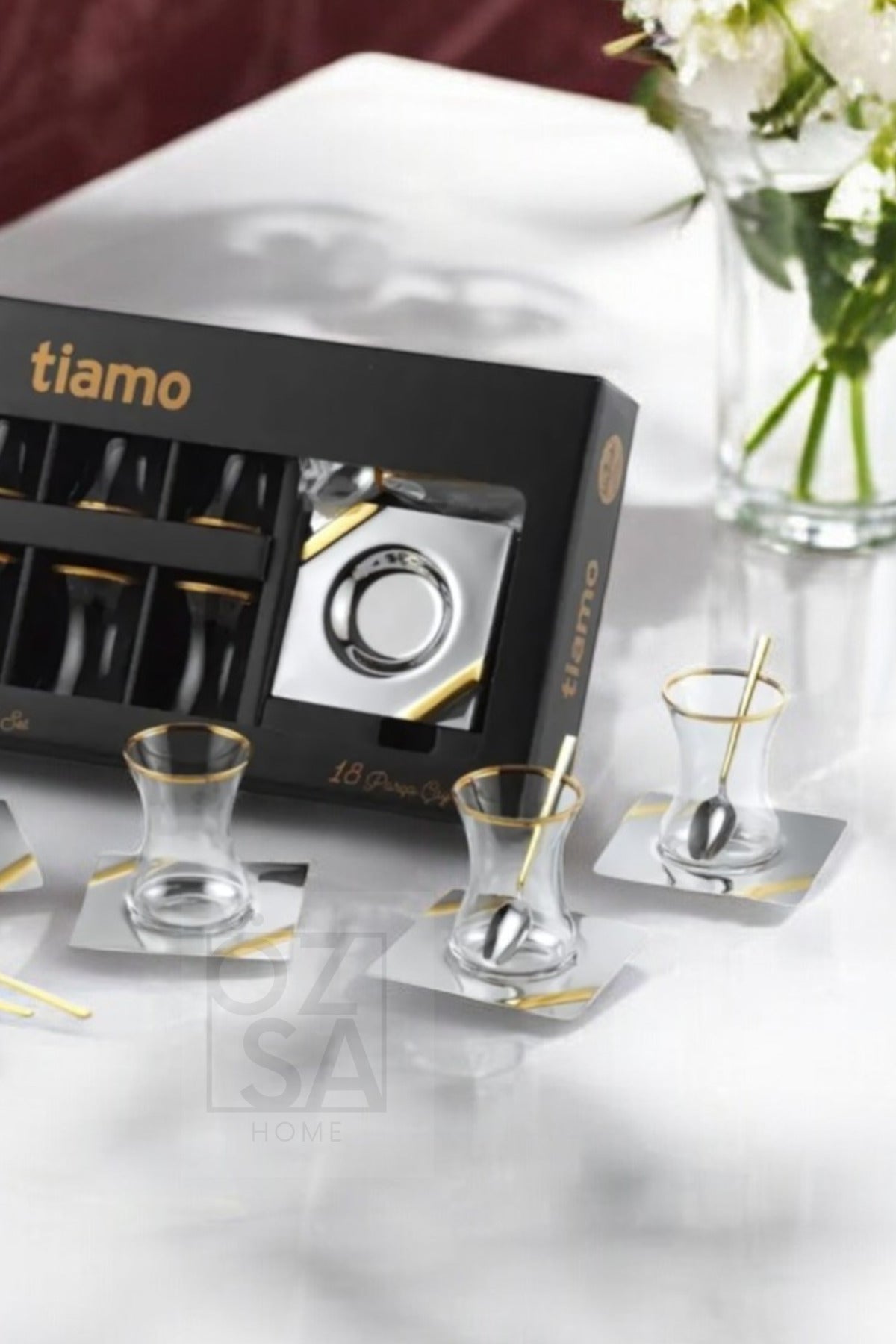 Tiamo Mira Premium 18/10 Paslanmaz Çelik 18 Parça Çay Seti Çay Bardağı Çay Tabağı Çeyizlik - Gold