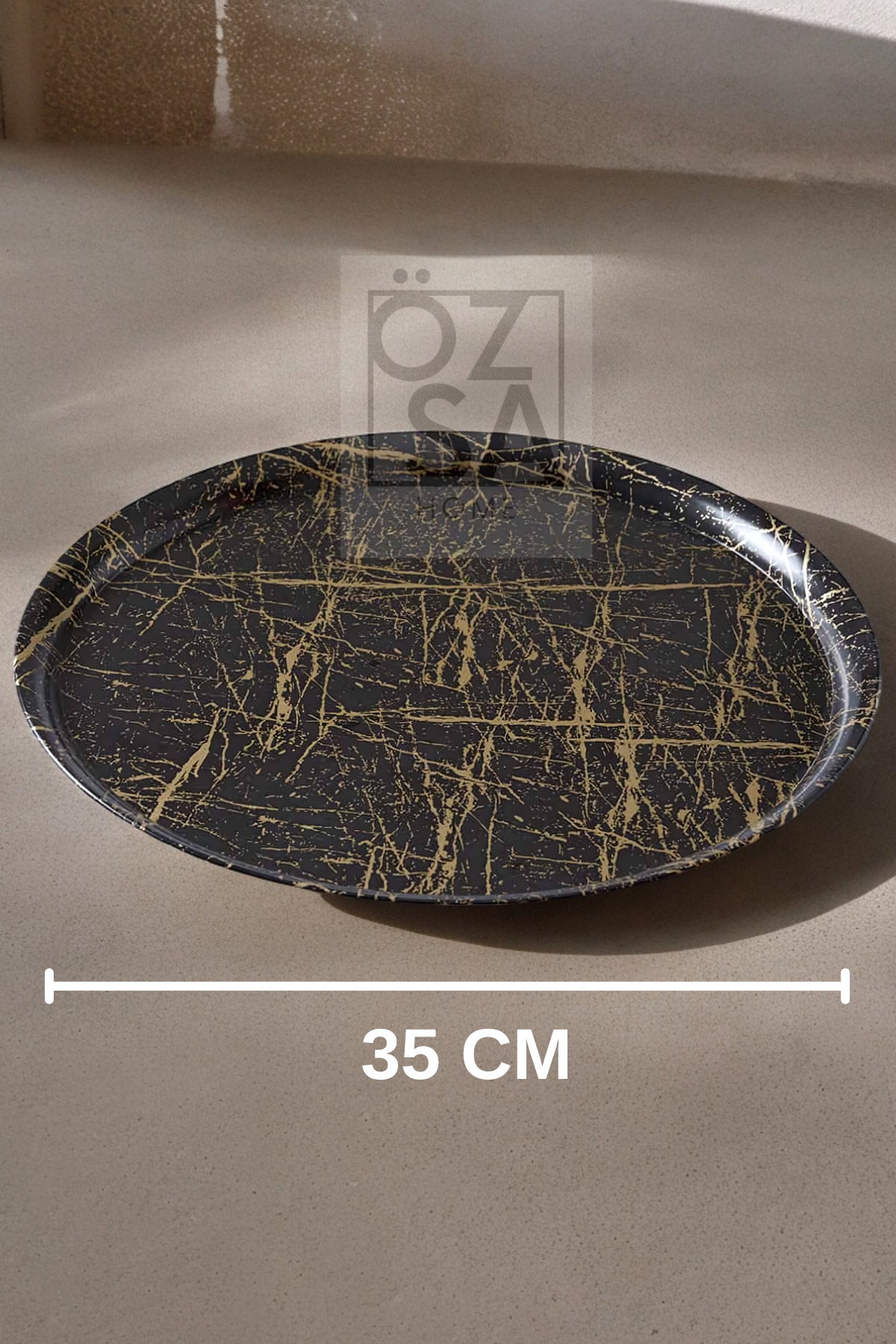 Mermer Desenli 35cm Yuvarlak Gold Siyah Melamin Tepsi Sunum Dekoratif Sofra Mutfak Çay Kahve Tepsi - Siyah